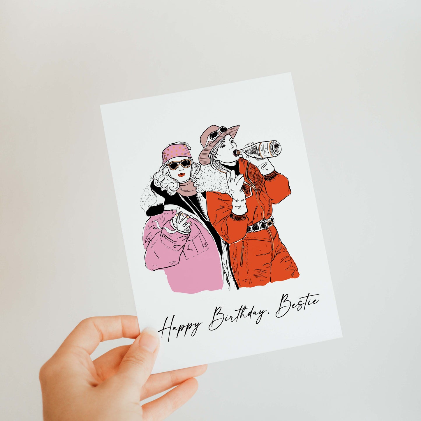 Charming birthday card featuring playful typography and colorful illustrations celebrating friendship, perfect for a best friend's special day.