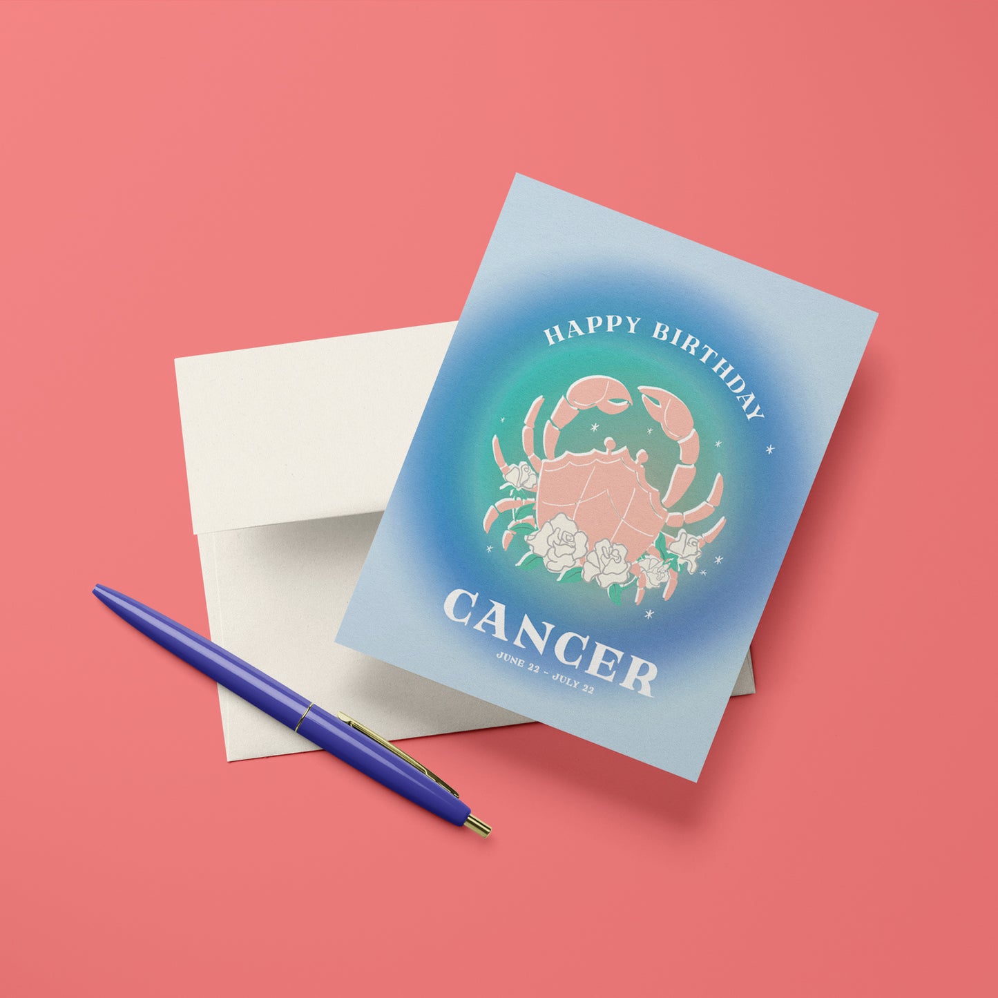 Soothing birthday card featuring the Cancer symbol with ocean-inspired blues and the crab symbol, celebrating Cancer's compassionate and intuitive energy.