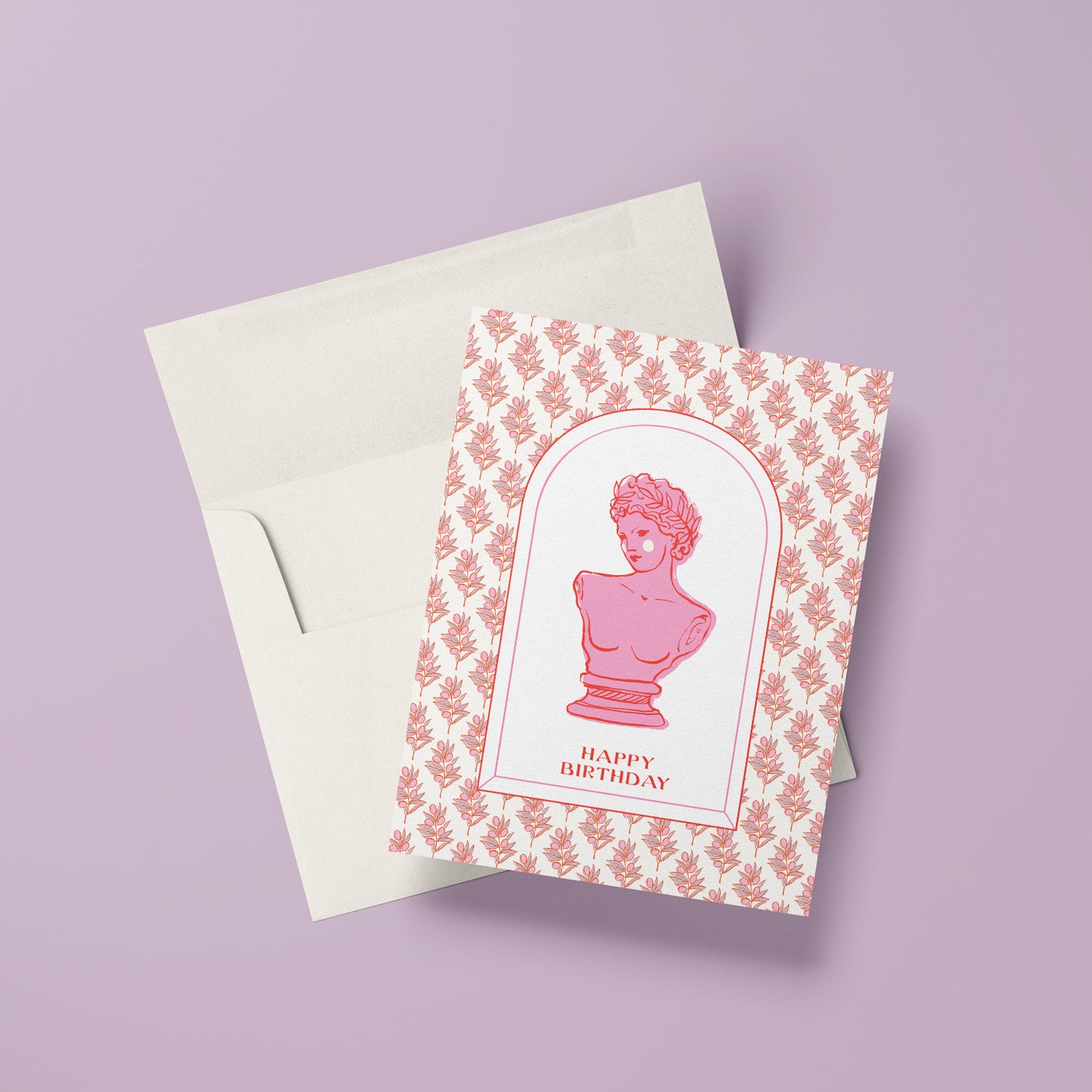Stylish birthday card inspired by Grecian motifs, with classic patterns and ancient Greek bust, ideal for an elegant celebration.