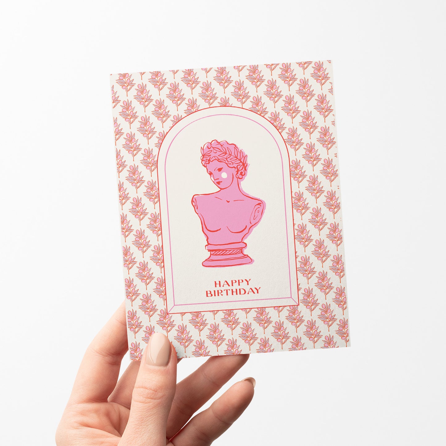 Stylish birthday card inspired by Grecian motifs, with classic patterns and ancient Greek bust, ideal for an elegant celebration.