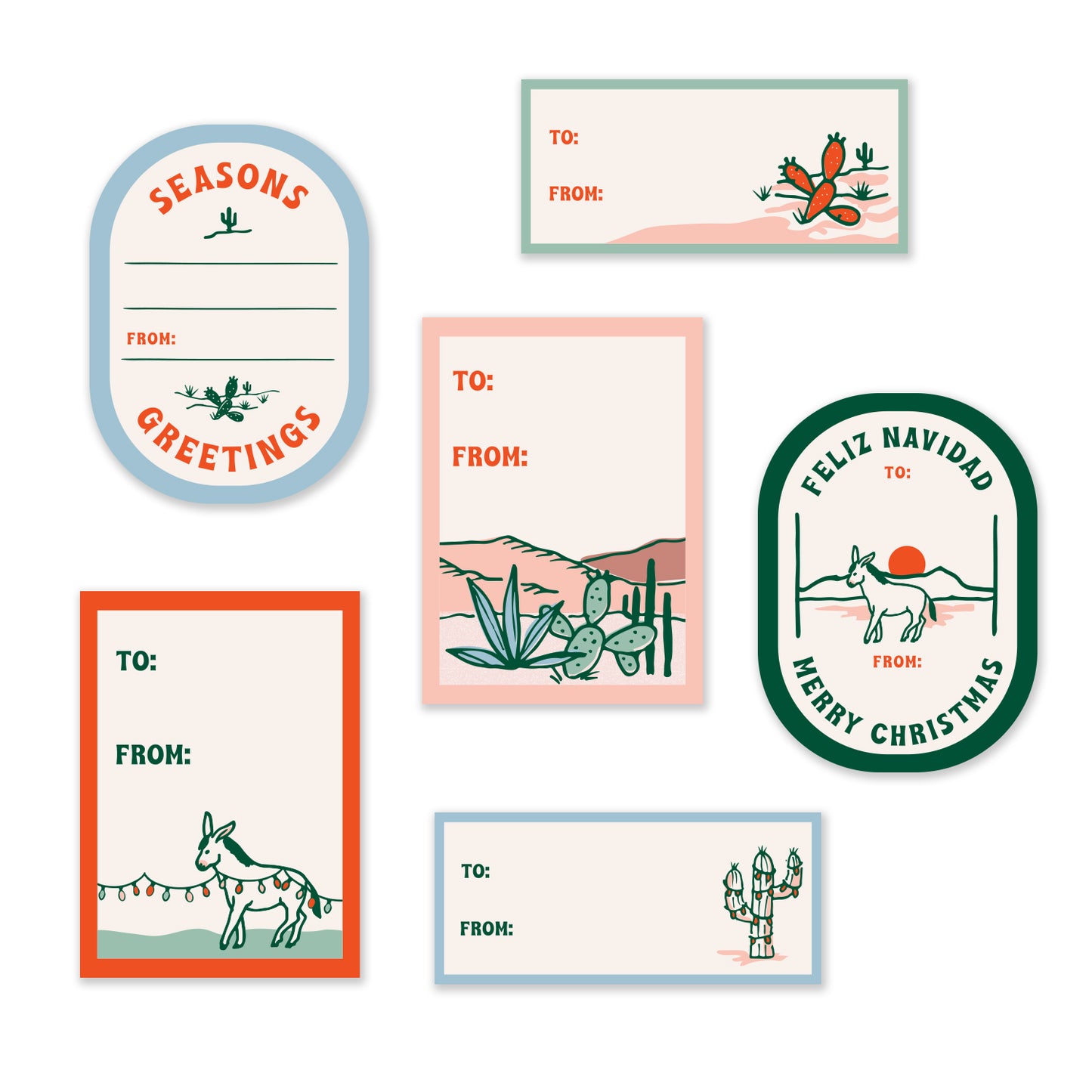Colorful gift tag stickers with desert-themed designs, featuring cacti and sunsets, perfect for labeling presents.