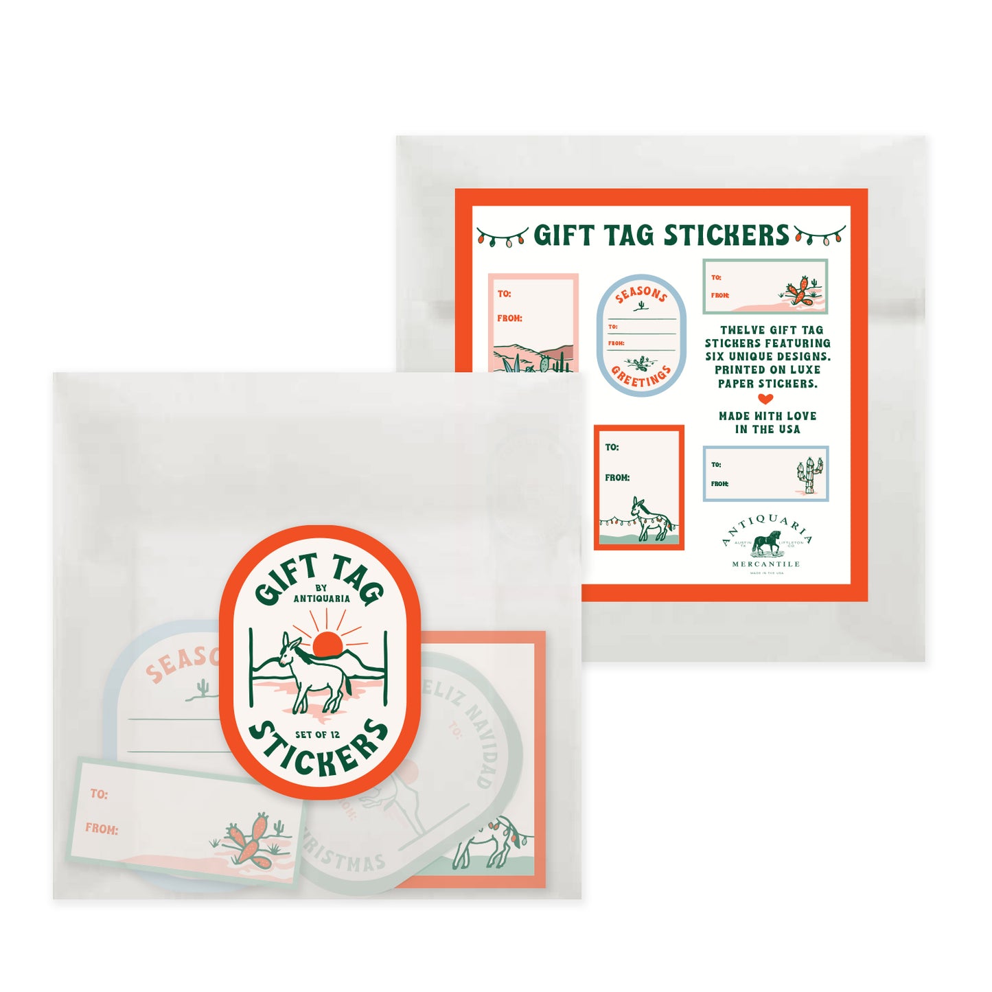 Colorful gift tag stickers with desert-themed designs, featuring cacti and sunsets, perfect for labeling presents.
