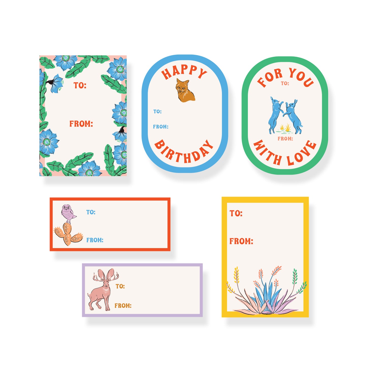Colorful gift tag stickers with desert-themed designs, featuring cacti and sunsets, perfect for labeling presents.