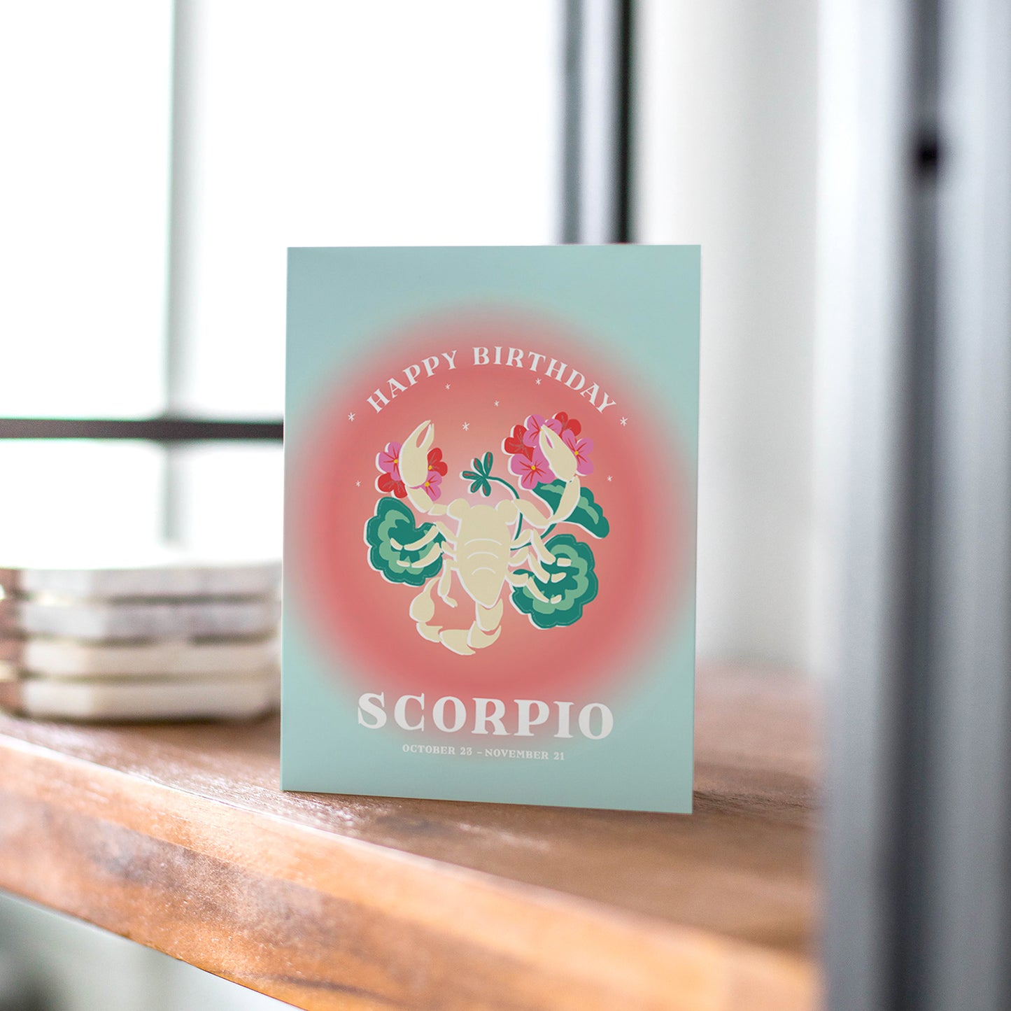 Mysterious birthday card with the Scorpio symbol in bright hues and a scorpion motif, capturing Scorpio's intensity and depth.