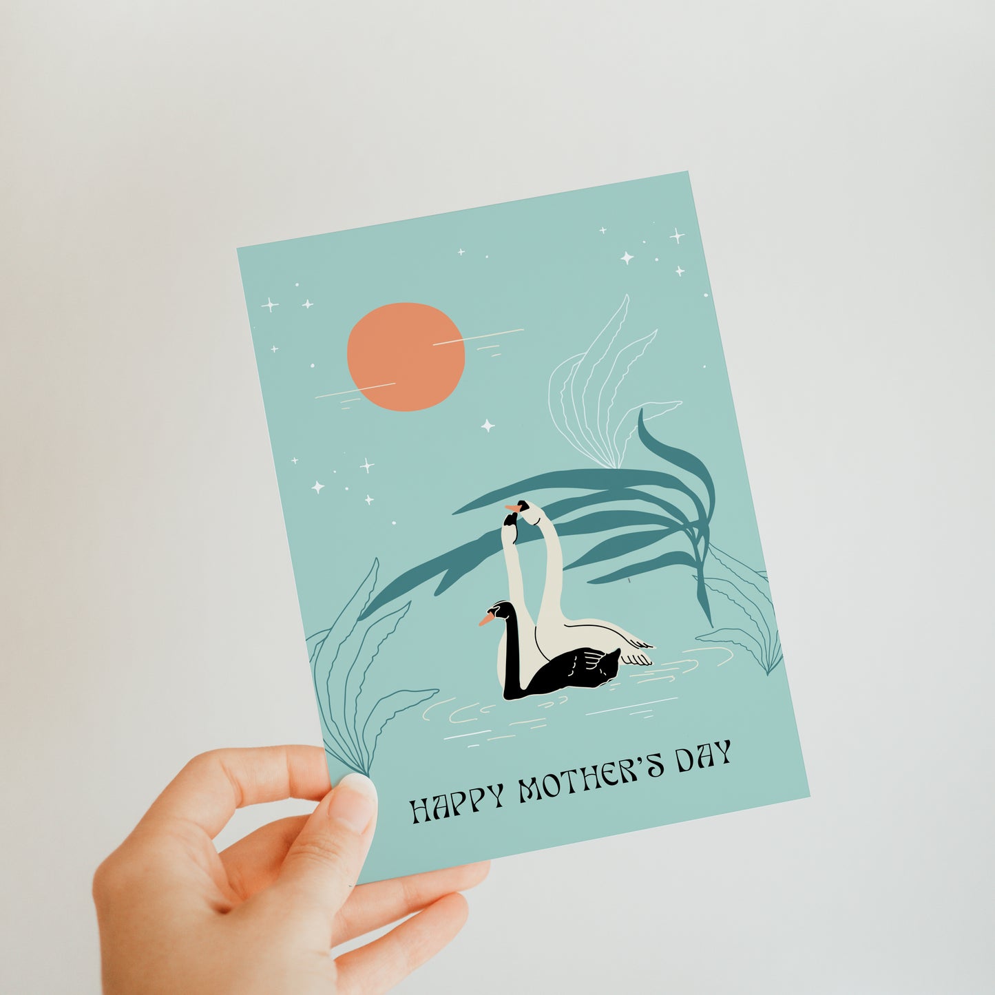 Swans Mother's Day card with an elegant swan design, perfect for honoring moms with a graceful and timeless motif.
