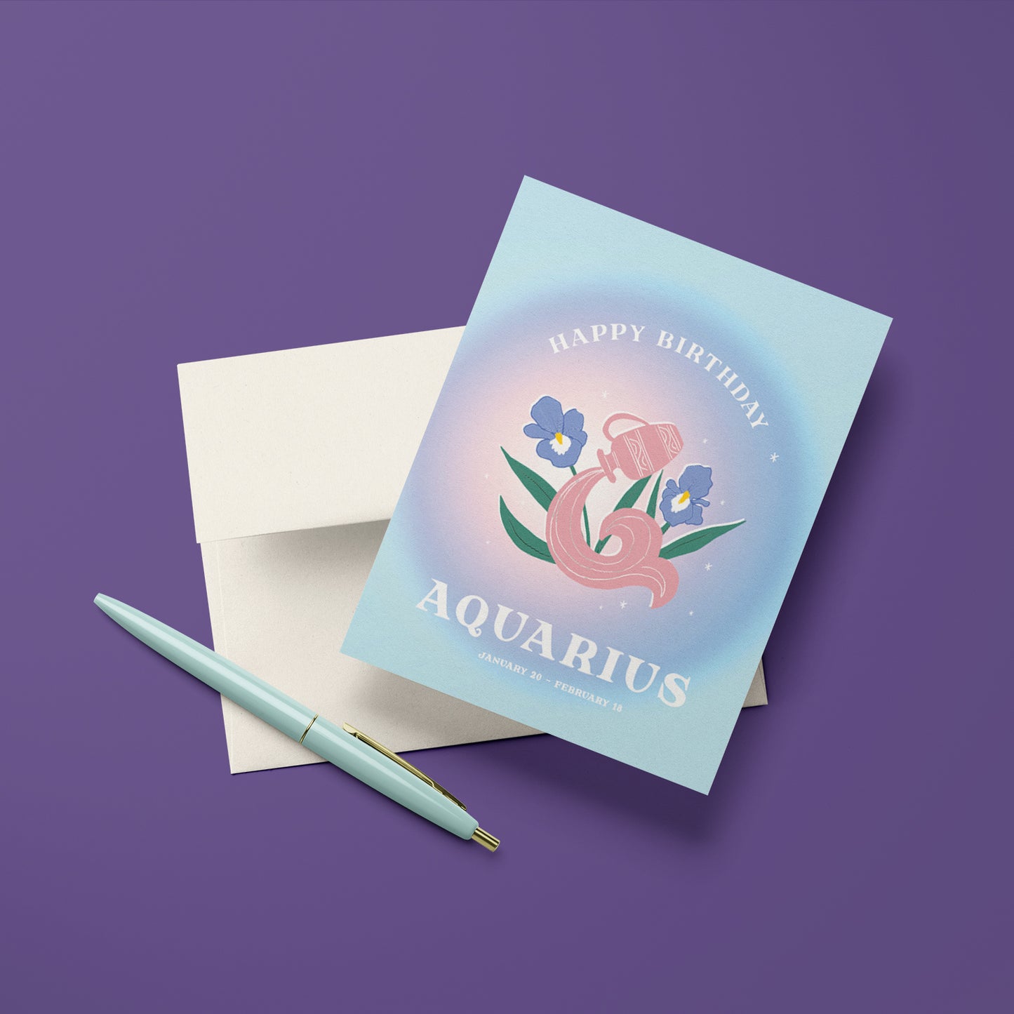 Modern birthday card featuring the Aquarius symbol with abstract water motifs and electric colors, celebrating Aquarius's innovative and humanitarian spirit.