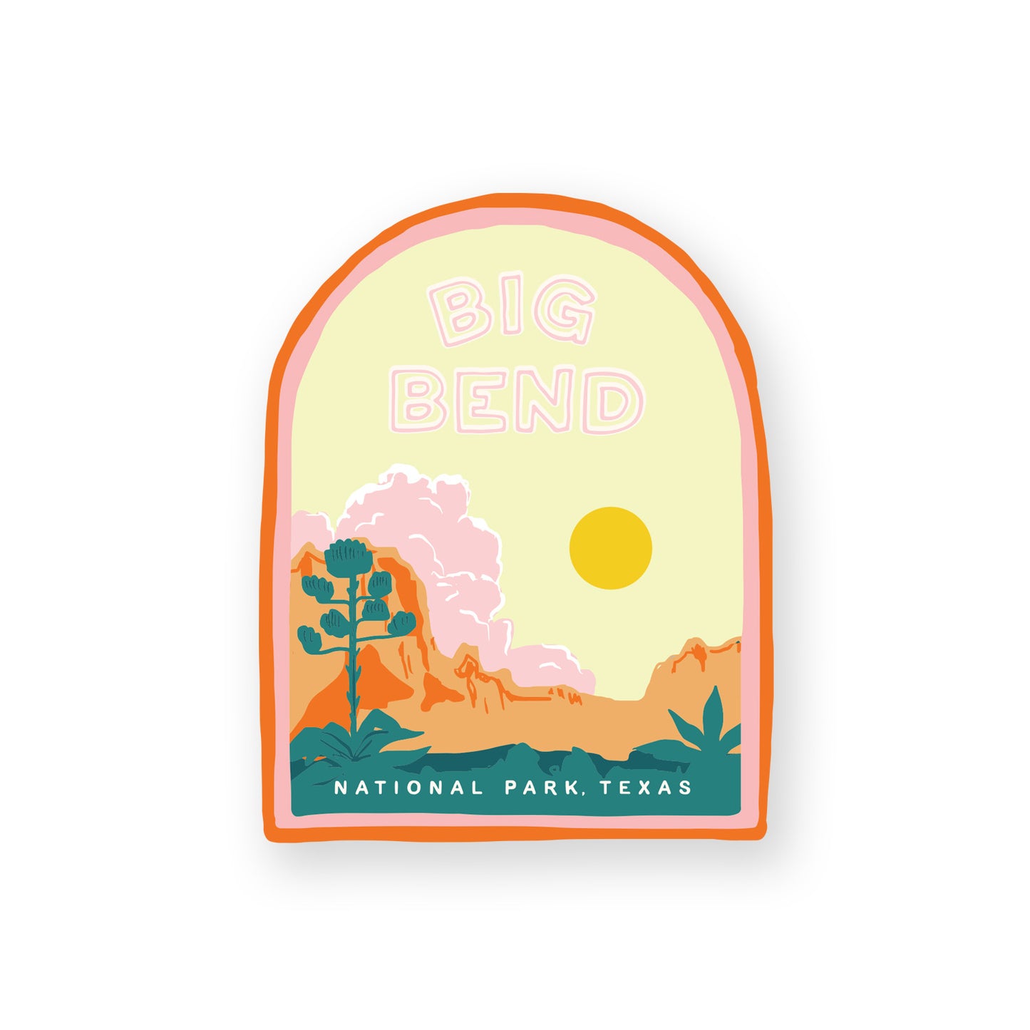 A Big Bend National Park sticker featuring iconic desert landscape including mountains and desert plants, perfect for outdoor enthusiasts and nature lovers.