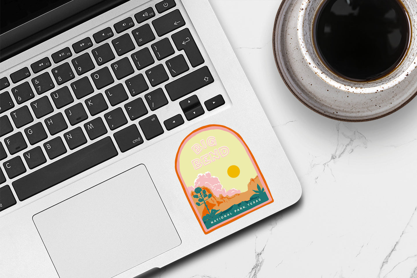 A Big Bend National Park sticker featuring iconic desert landscape including mountains and desert plants, perfect for outdoor enthusiasts and nature lovers.