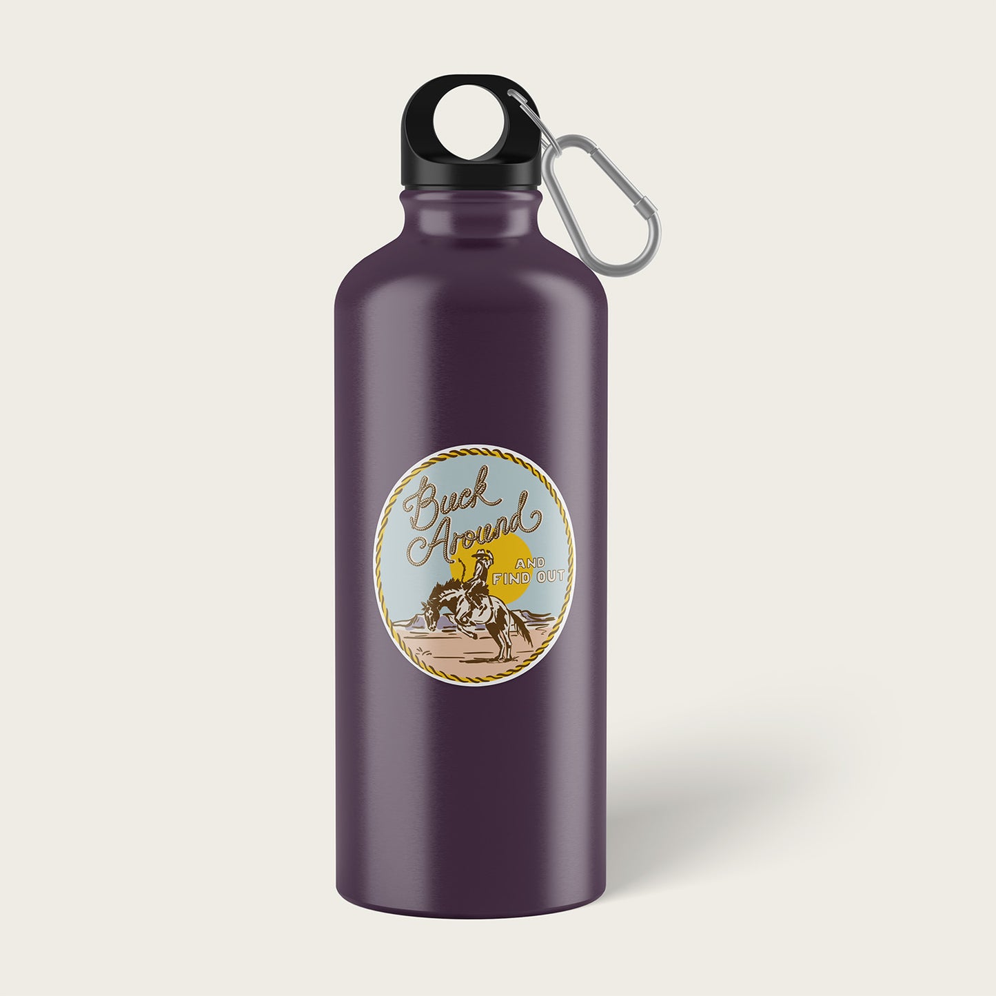 Circular sticker with a cowboy riding a bucking horse and text 'Buck Around and Find Out' on a light blue background.