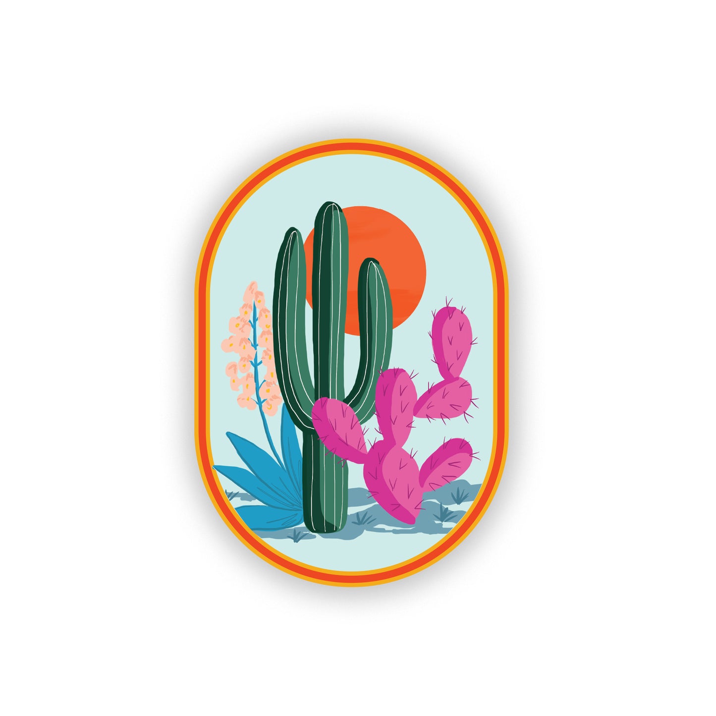 A stunning cactus landscape sticker depicting a vibrant desert scene with various cacti against a colorful sunset backdrop, perfect for adding a touch of nature’s beauty to planners, scrapbooks, or decorative projects.