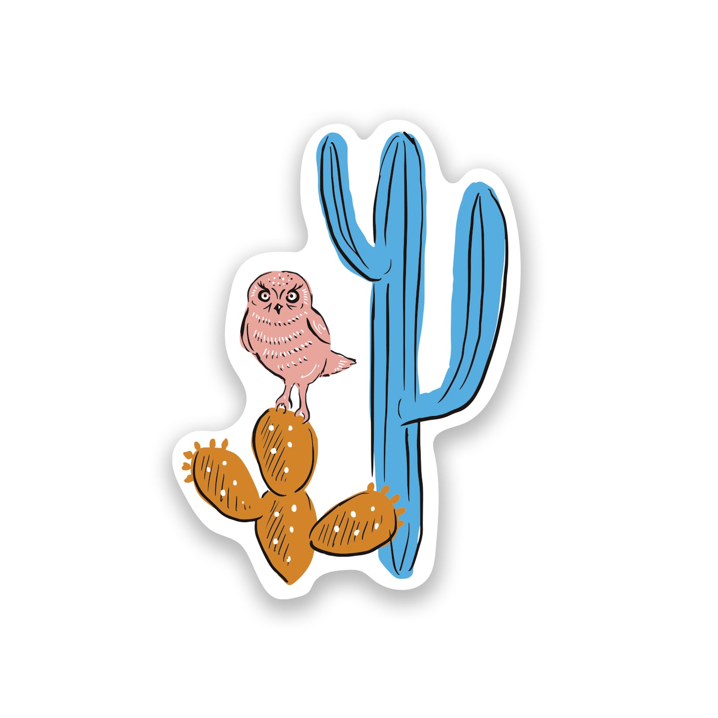 A whimsical cactus and owl sticker featuring a colorful owl perched on a cactus, combining playful elements of nature that adds charm and personality to crafts, journals, or home decor.