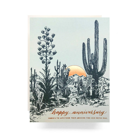 Cactus Sunset anniversary card with serene cactus design - celebrating love under the sunset.
