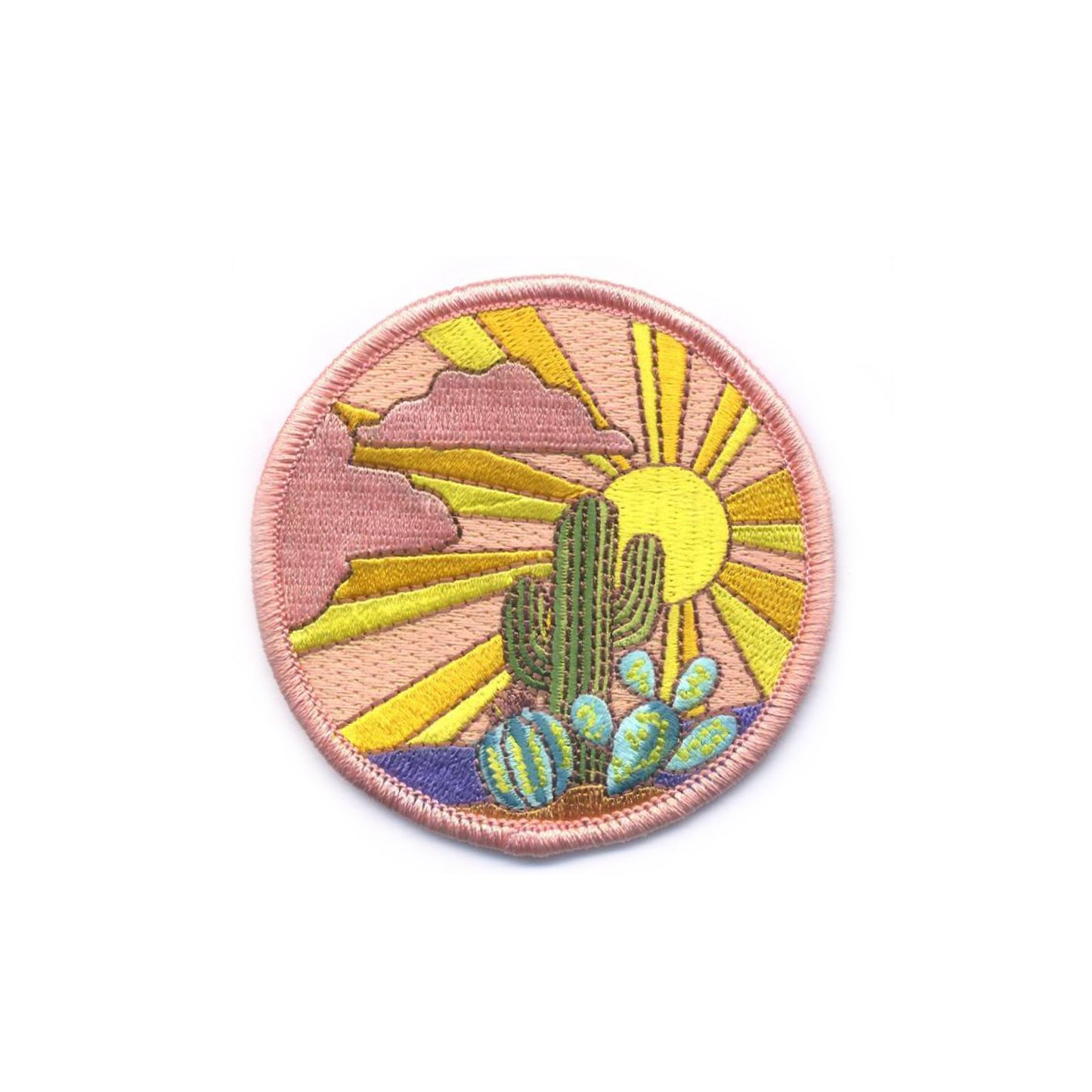 Vibrant Cactus Sunset embroidered iron-on patch showcasing a desert landscape with a colorful sunset, perfect for decorating jackets, bags, or hats.
