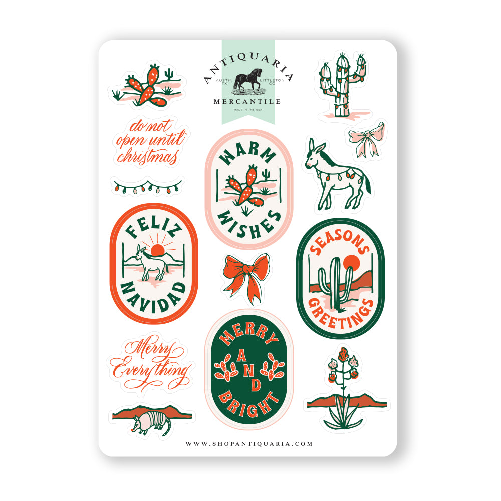 Vibrant cactus-themed sticker sheet showcasing a variety of colorful cactus designs and holiday desert elements, ideal for adding a holiday embellishment to notebooks, water bottles, or creative projects.