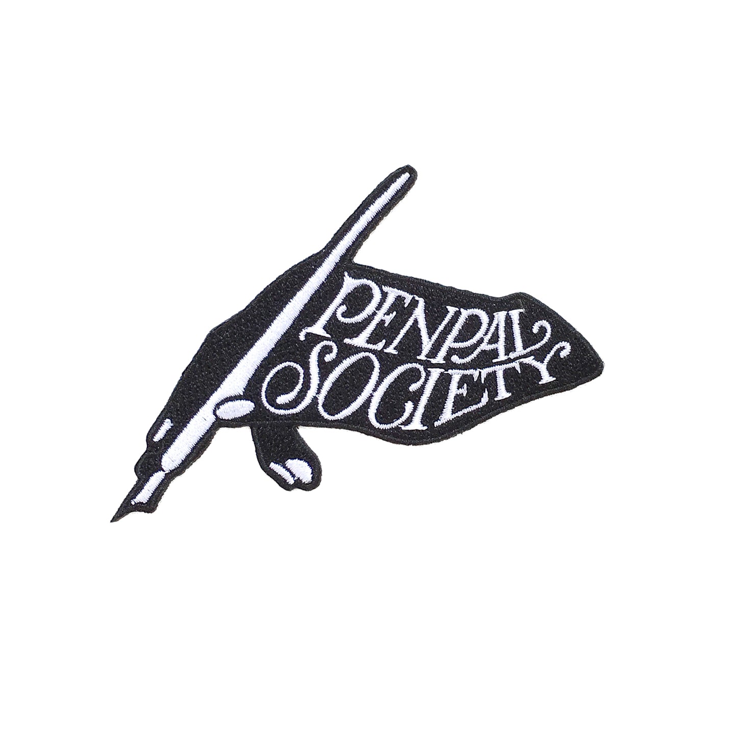 Charming Pen Pal embroidered iron-on patch with a hand holding a pen, perfect for personalizing jackets, bags, or notebooks, celebrating the joy of handwritten letters.