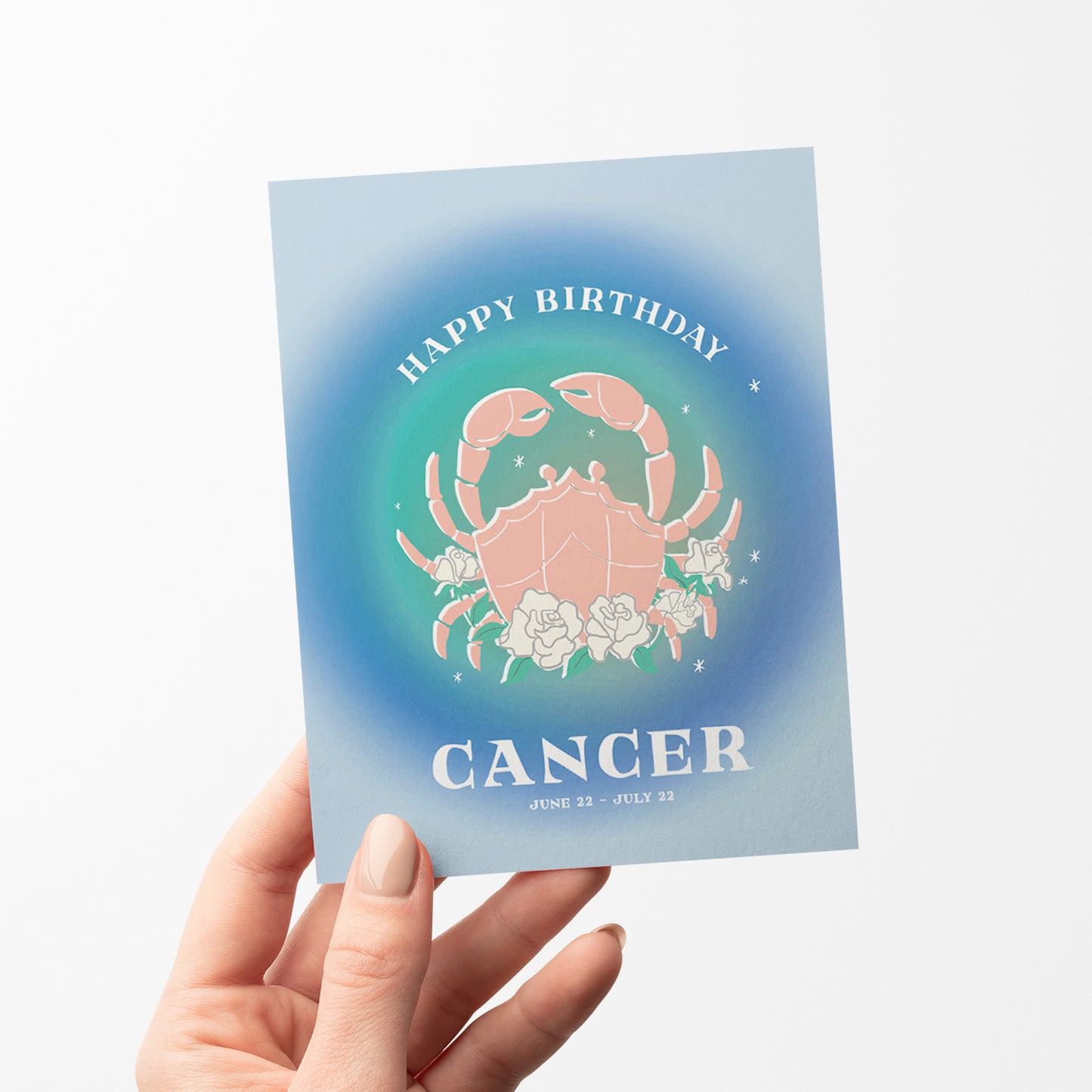 Soothing birthday card featuring the Cancer symbol with ocean-inspired blues and the crab symbol, celebrating Cancer's compassionate and intuitive energy.