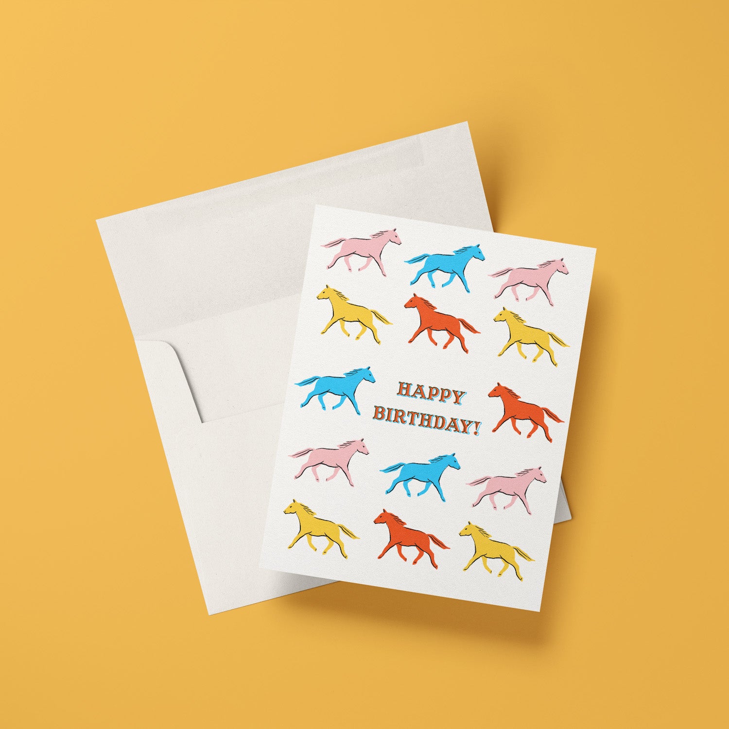 Rustic birthday card featuring a colorful illustration of horses, celebrating the spirit of the wild.
