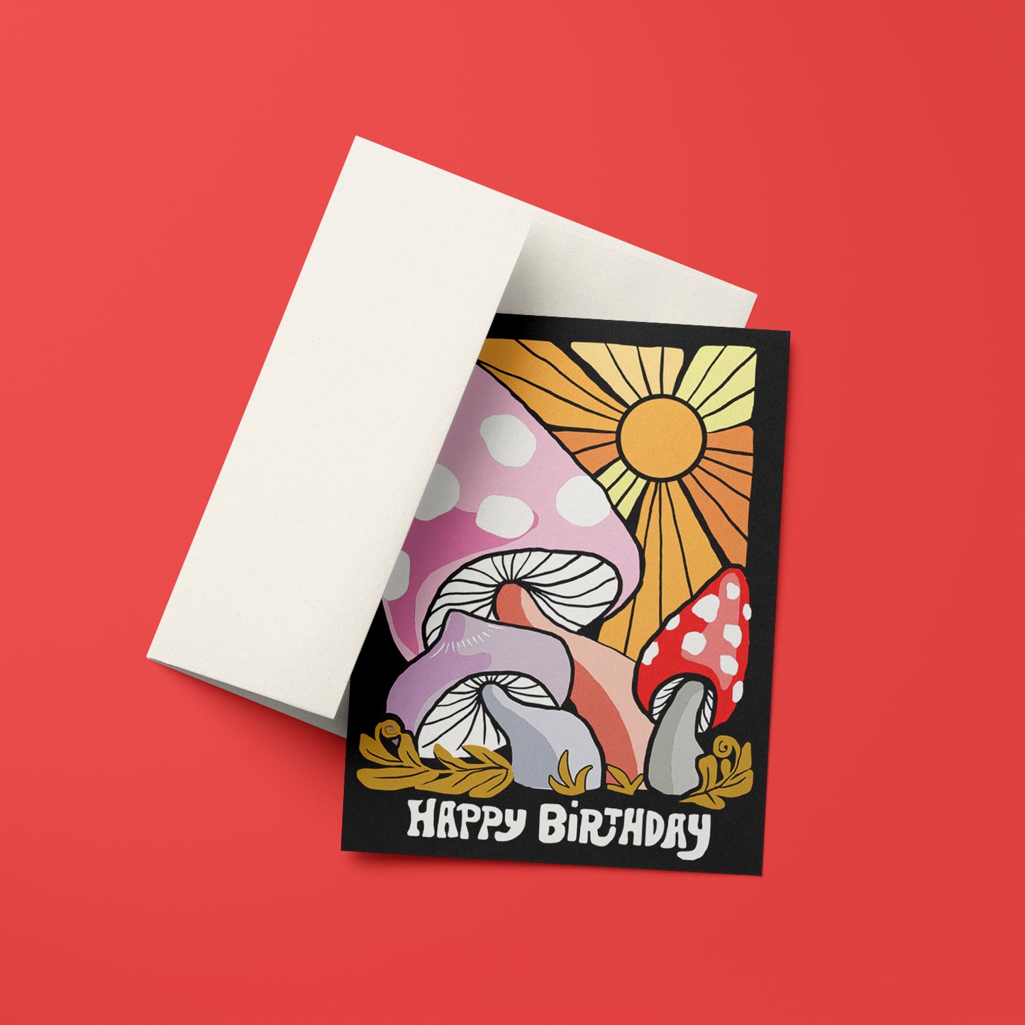 Whimsical birthday card with colorful, enchanted mushrooms in bright colors, perfect for a fun and magical celebration.