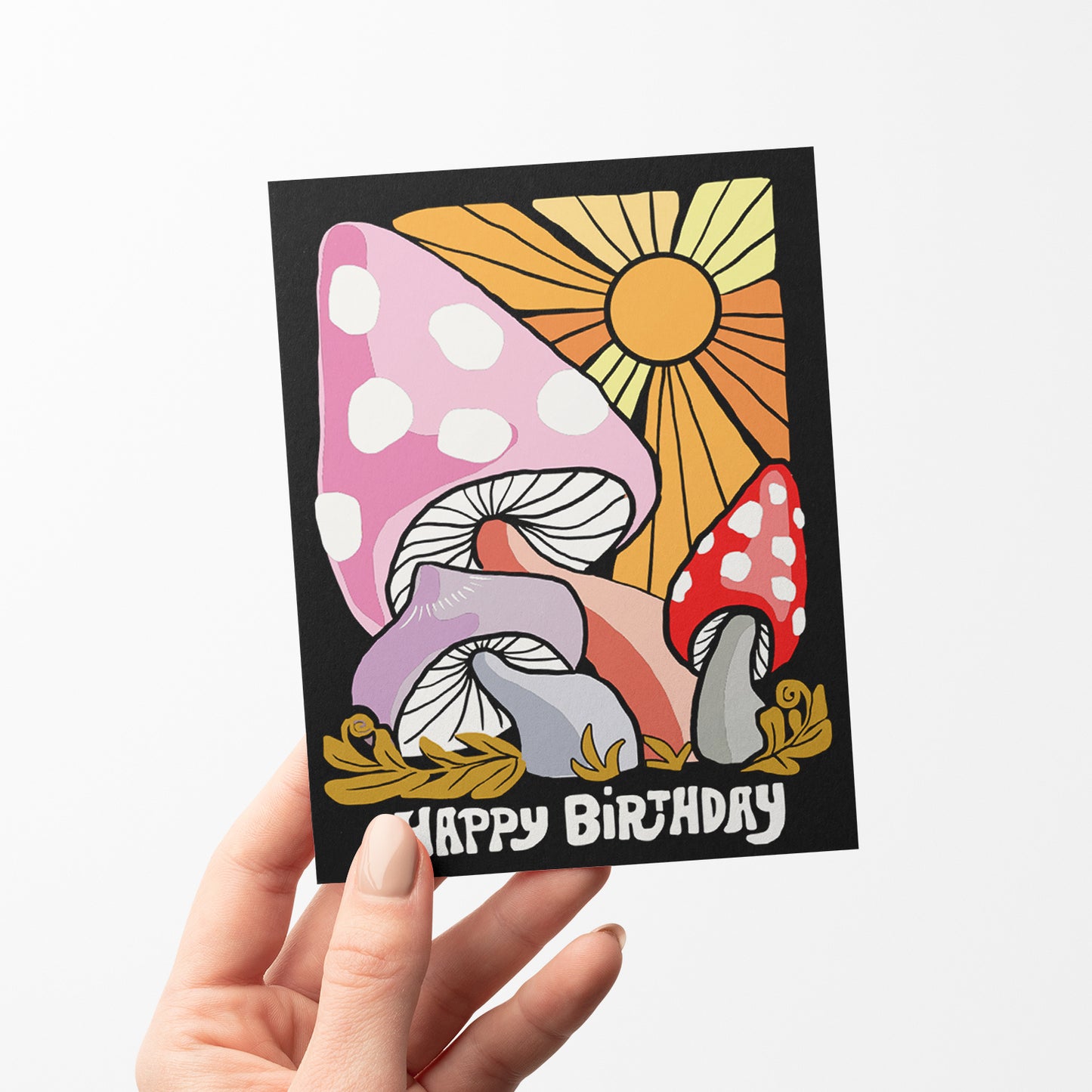 Whimsical birthday card with colorful, enchanted mushrooms in bright colors, perfect for a fun and magical celebration.