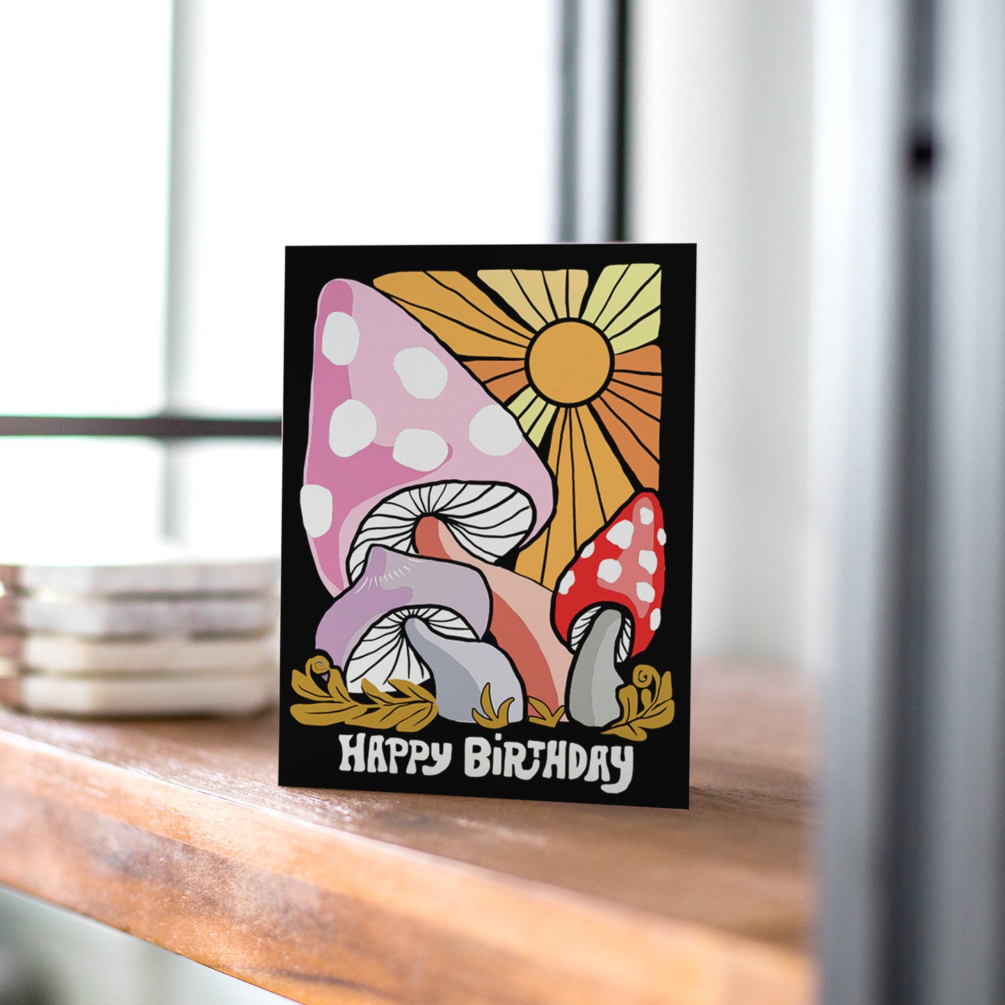 Whimsical birthday card with colorful, enchanted mushrooms in bright colors, perfect for a fun and magical celebration.