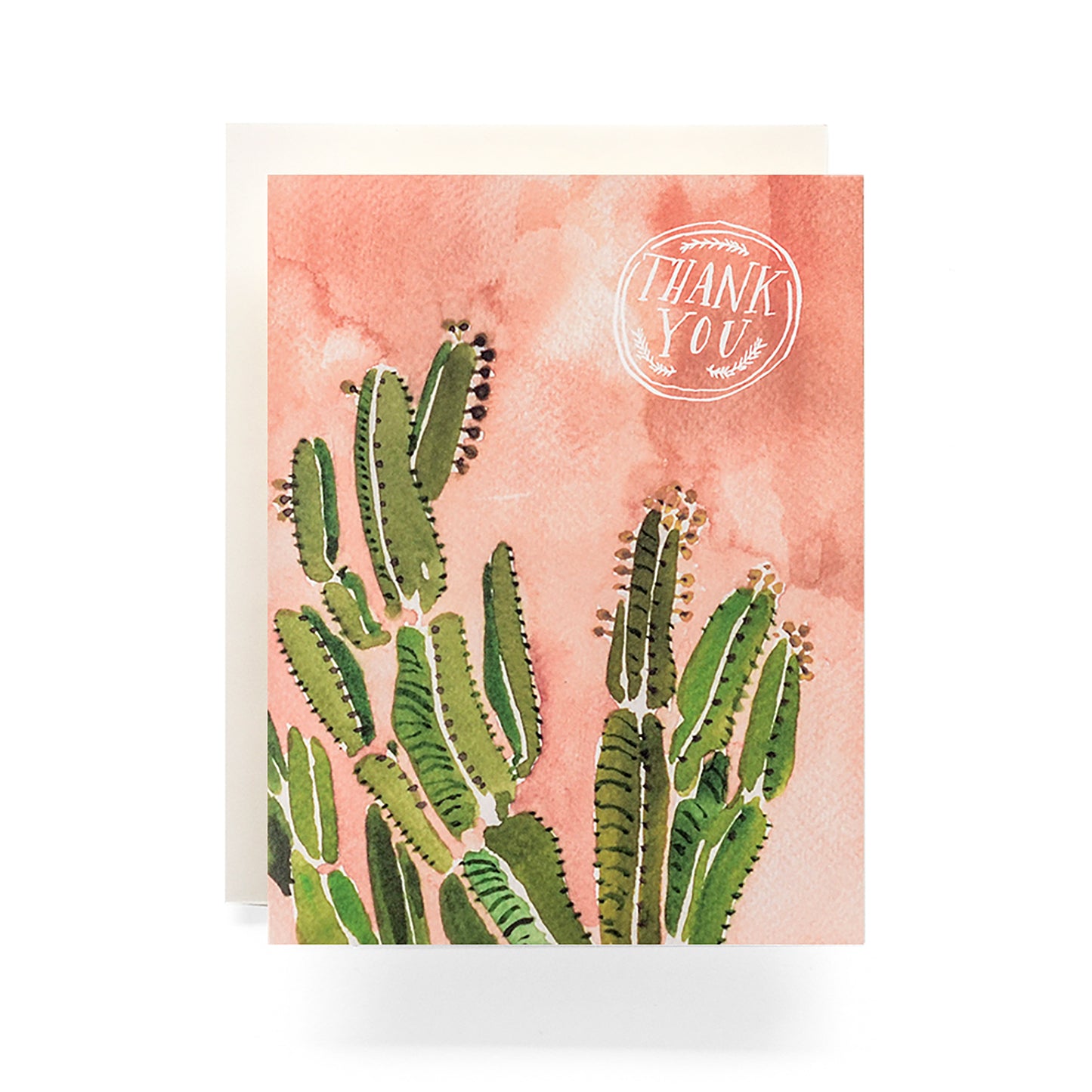 Thank you card featuring a coral-colored background and beautiful watercolor cactus illustration with warm desert tones.