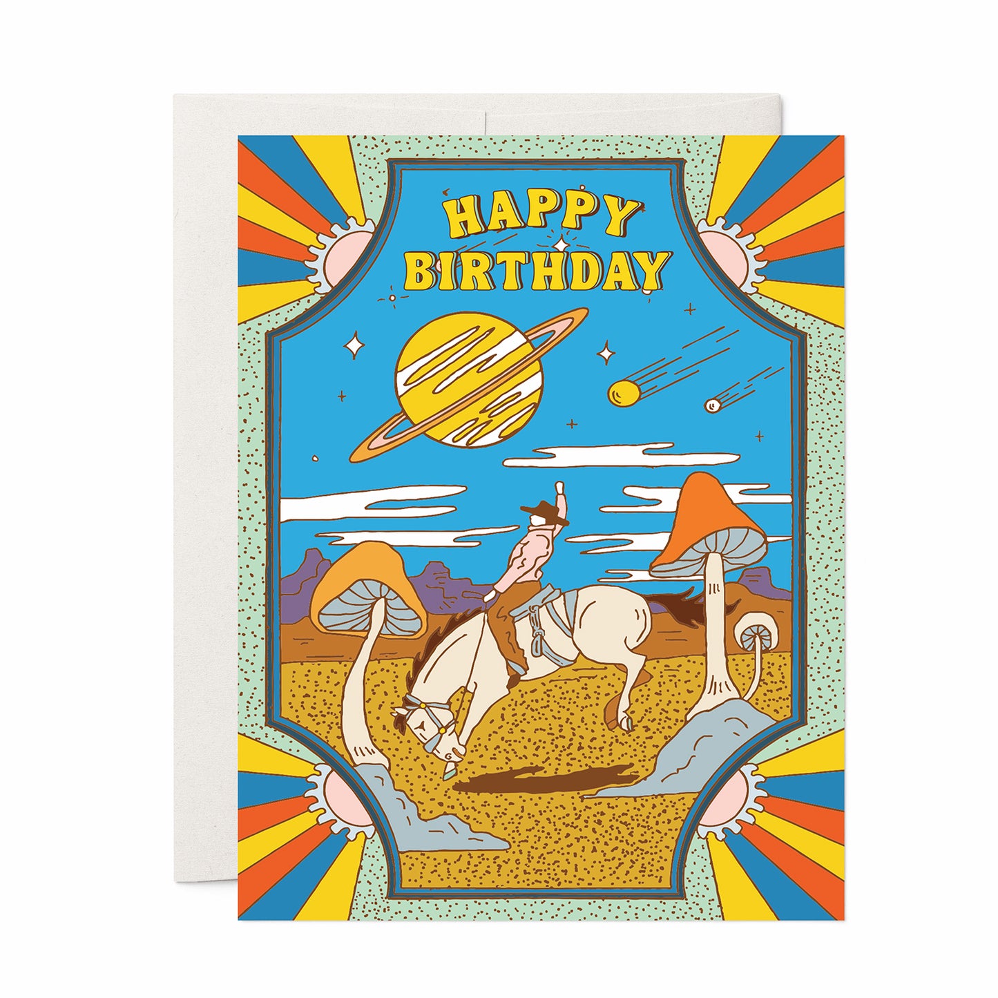 Psychedelic birthday card with cowboy on horseback in desert, giant mushrooms, ringed planet, and shooting stars.