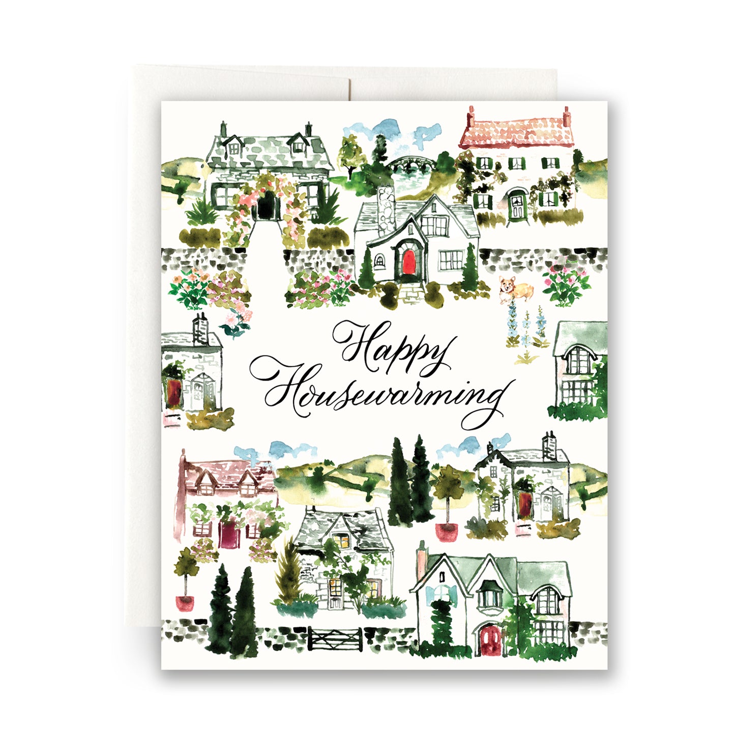 Cottage Core Housewarming card with watercolor cottage illustrations, perfect for fans of cozy, cottage core aesthetics