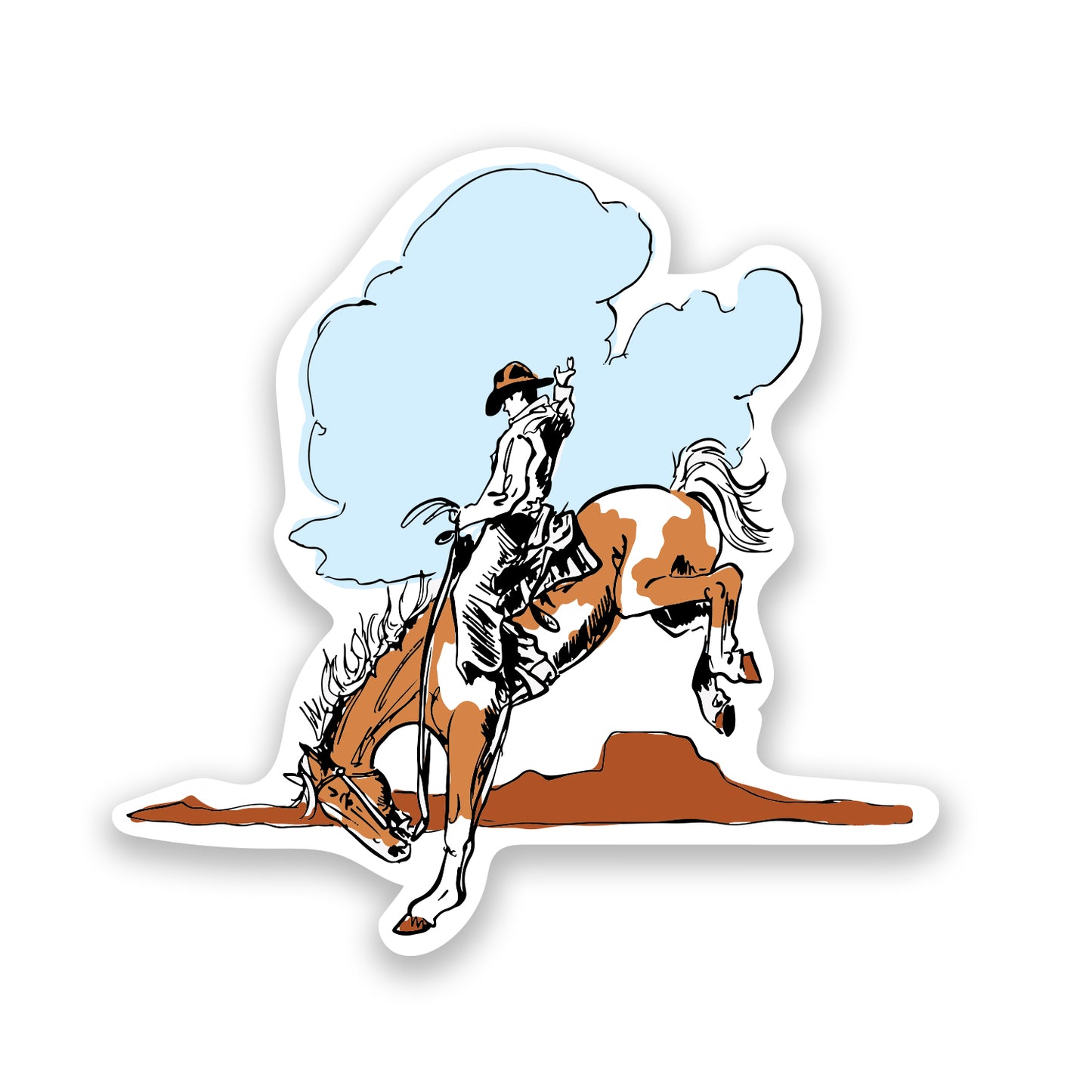 A dynamic sticker depicting a cowboy skillfully riding a bucking bronco, capturing the excitement and energy of rodeo culture, perfect for adding a western flair to crafts, journals, or outdoor gear.