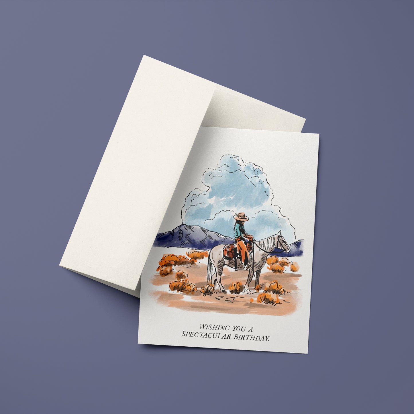 Rustic birthday card depicting expansive high plains with rolling hills and wide-open skies, and a cowboy on his horse, capturing the essence of the great outdoors.