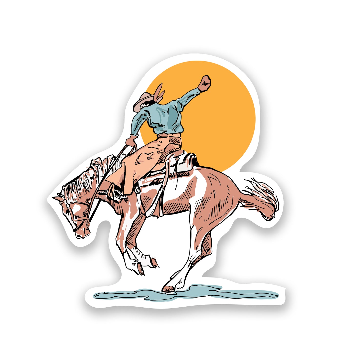 A dynamic sticker depicting a cowboy skillfully riding a bucking bronco, capturing the excitement and energy of rodeo culture, perfect for adding a western flair to crafts, journals, or outdoor gear.