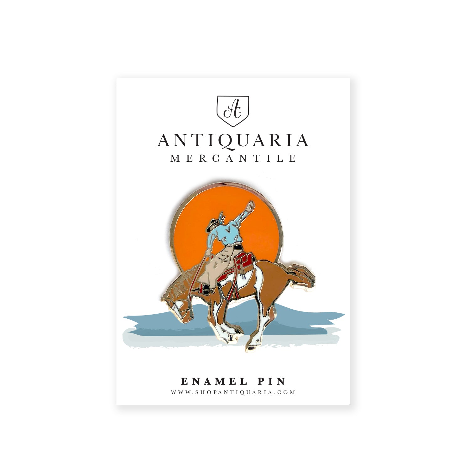enamel pin featuring a cowboy and bucking bronco with gold accents, perfect for decorating jackets, bags, or stationery items