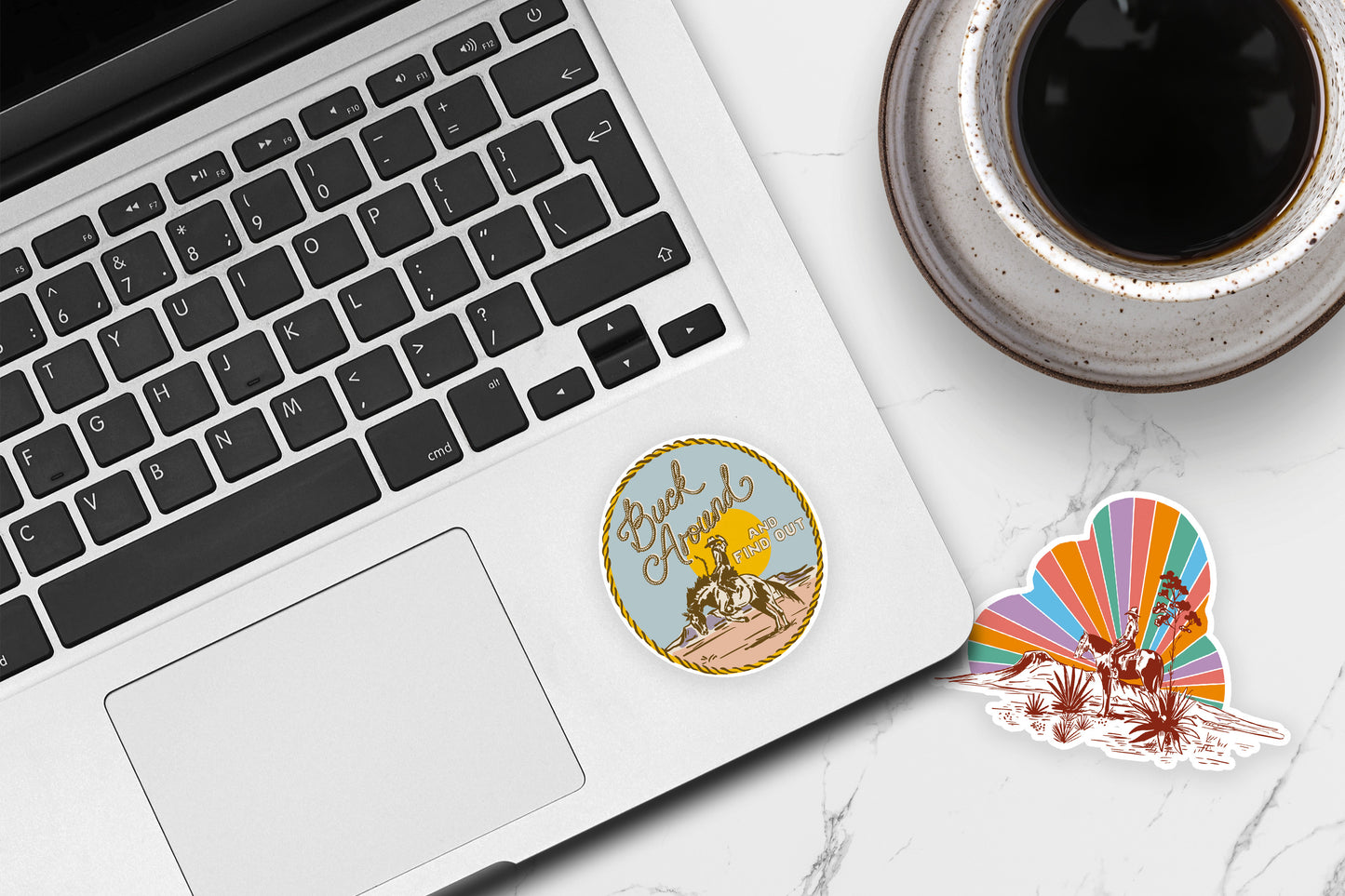 Sticker of a cowgirl riding a horse in the desert with colorful rainbow sunset rays in the background.