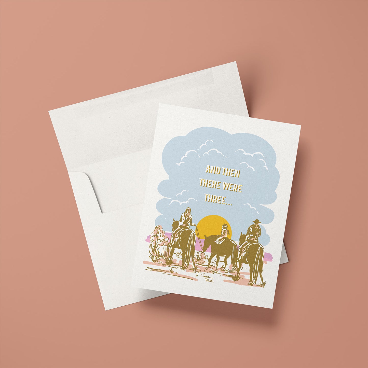 A beautifully illustrated greeting card featuring a desert landscape with two parents on horseback taking their little one on a trail ride. The warm, earthy tones capture the spirit of the Wild West, making it a perfect card for celebrating new babies, growing families, or Western-themed occasions