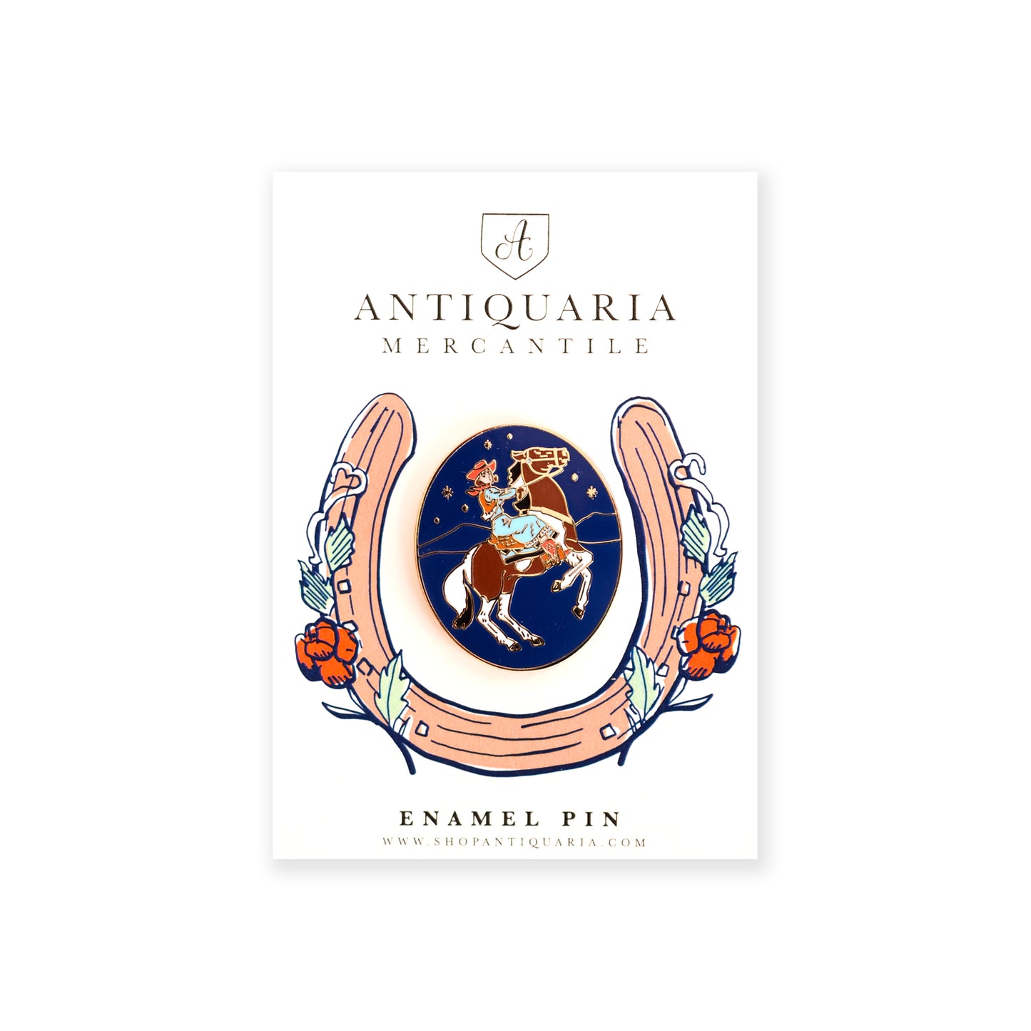 A fun cowgirl enamel pin of a bucking horse with vibrant colors, perfect for adding character to clothing or accessories