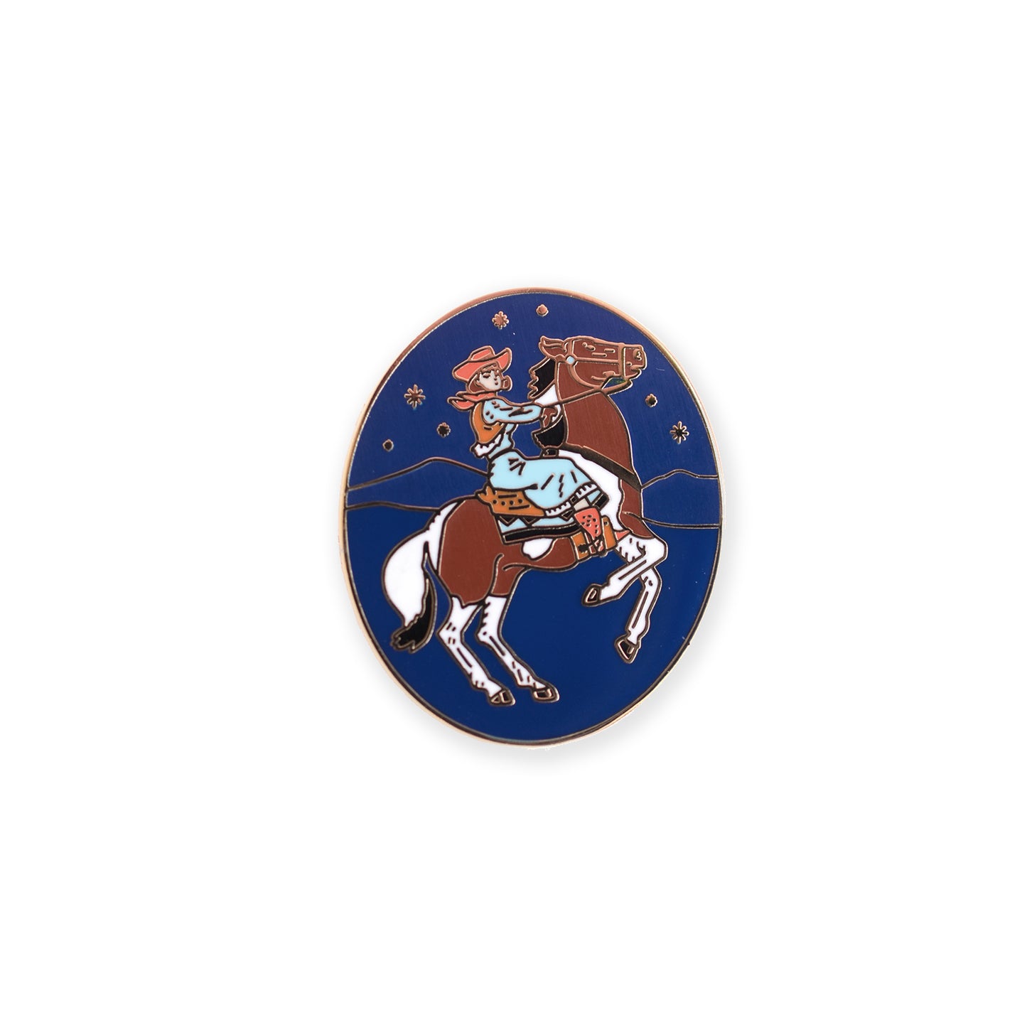 A fun cowgirl enamel pin of a bucking horse with vibrant colors, perfect for adding character to clothing or accessories