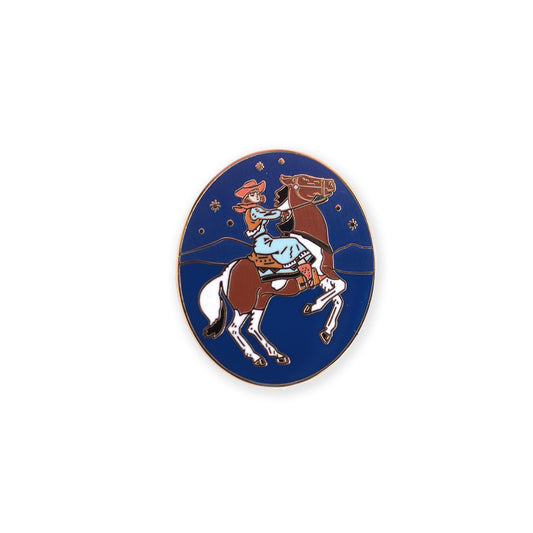 A fun cowgirl enamel pin of a bucking horse with vibrant colors, perfect for adding character to clothing or accessories