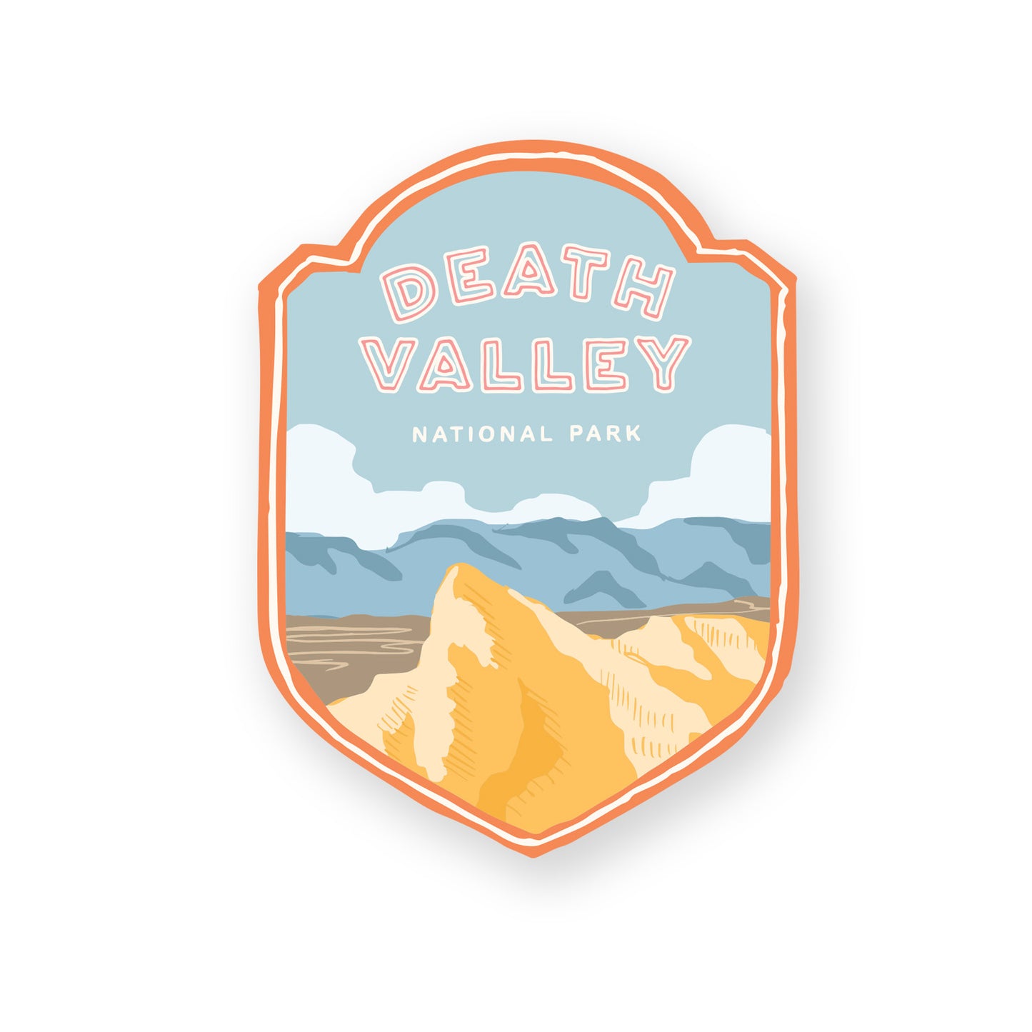 A Death Valley National Park sticker featuring iconic desert landscape including sand dunes and desert landscape, perfect for outdoor enthusiasts and nature lovers.