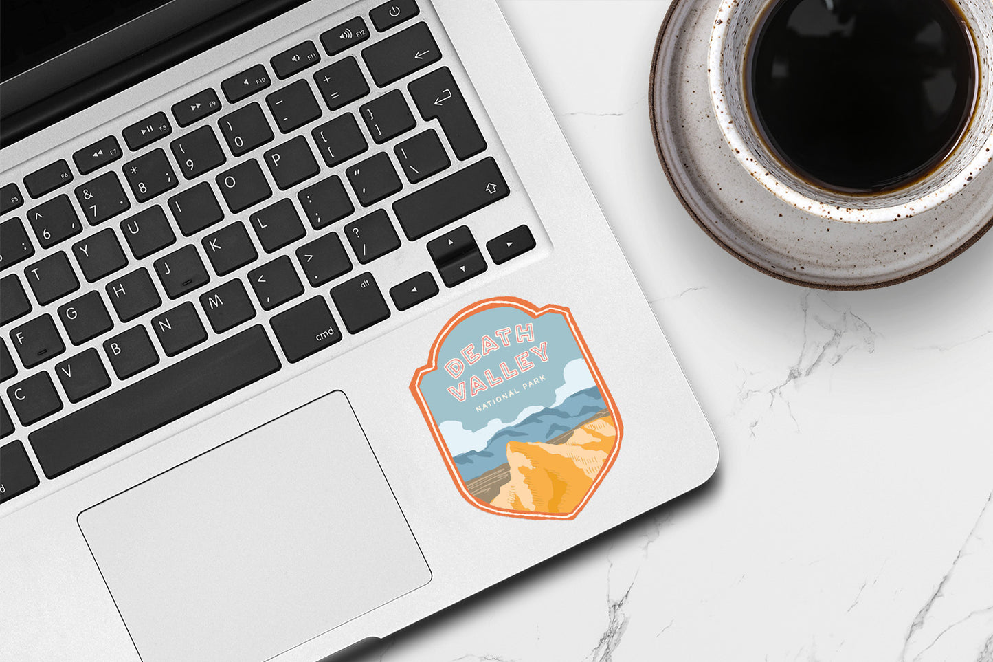 A Death Valley National Park sticker featuring iconic desert landscape including sand dunes and desert landscape, perfect for outdoor enthusiasts and nature lovers.
