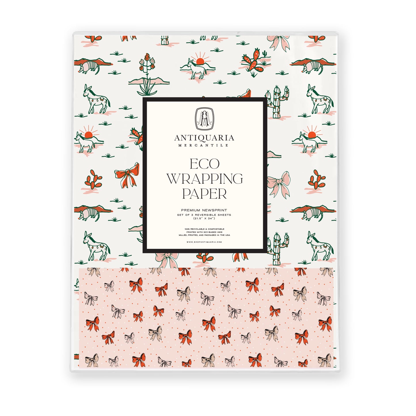 Double-sided sustainable gift wrap with cheerful desert themed holiday patterns on one side and holiday bows on the reverse, perfect for eco-friendly celebrations. 100% recyclable and compostable.