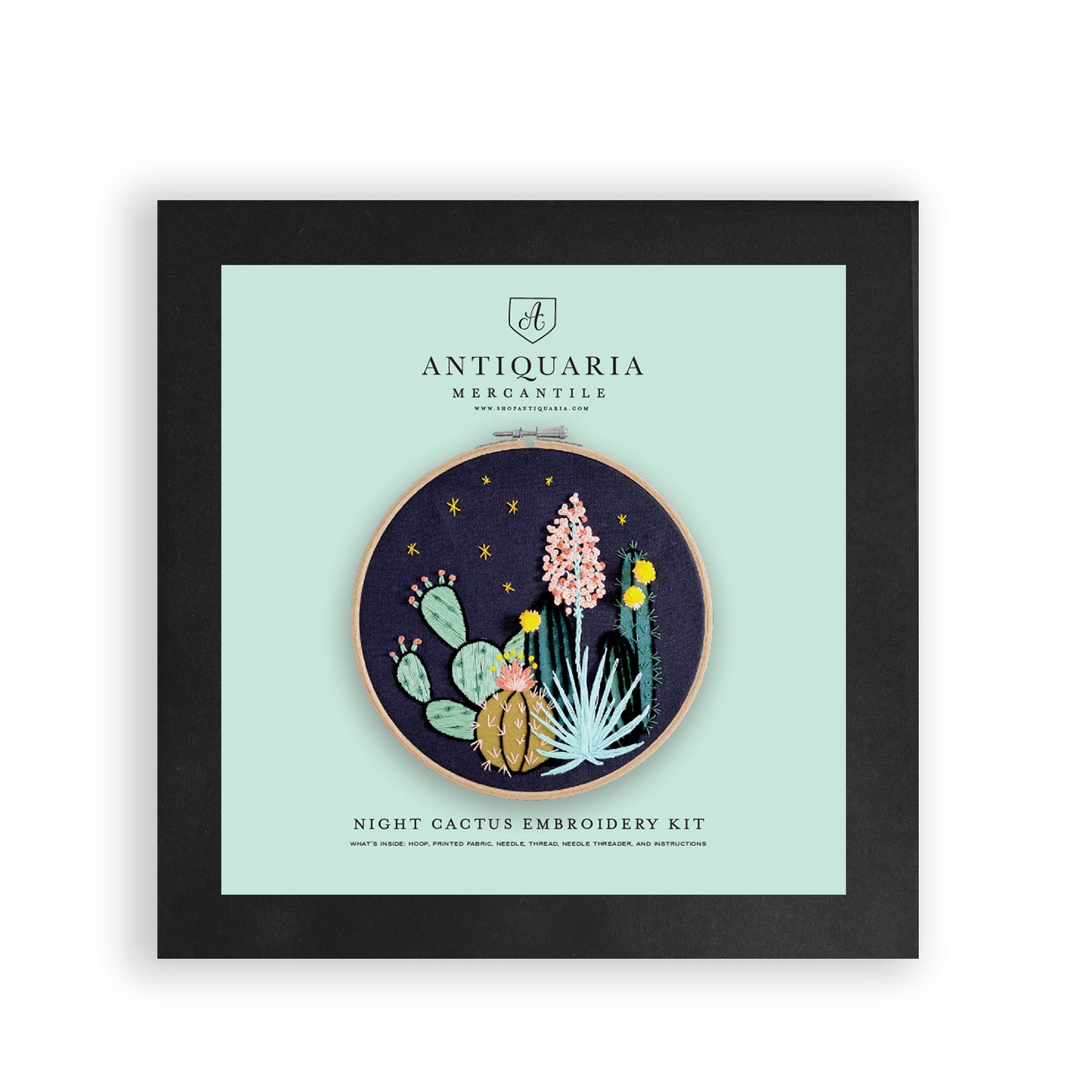 Embroidery kit with fabric, wooden hoop, thread, needle, and instructions for beginners, featuring a night time desert scene