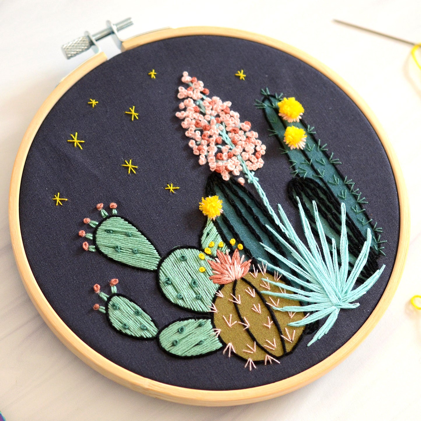 Embroidery kit with fabric, wooden hoop, thread, needle, and instructions for beginners, featuring a night time desert scene