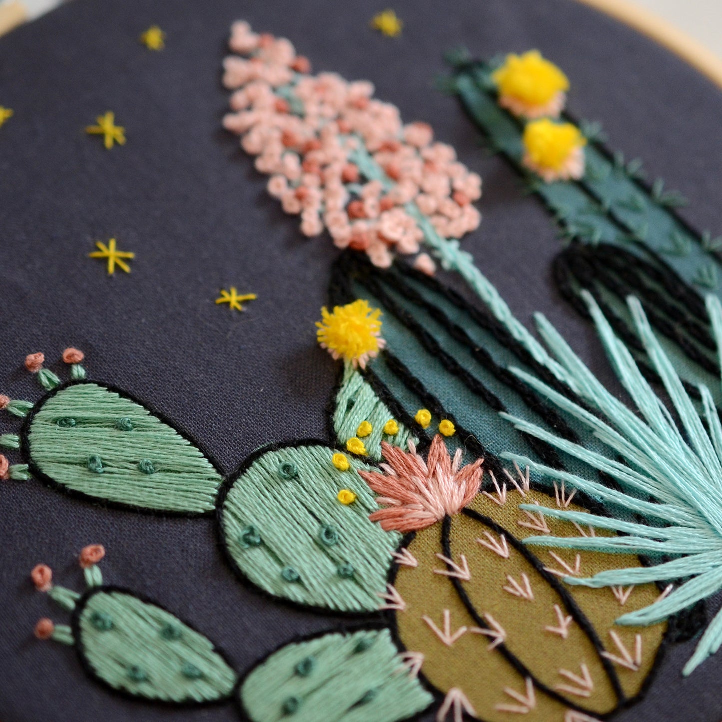 Embroidery kit with fabric, wooden hoop, thread, needle, and instructions for beginners, featuring a night time desert scene