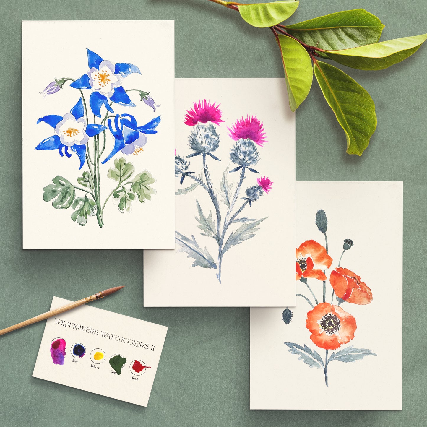 Antiquaria Wildflowers No. 2 Watercolor Kit with watercolor paper, paint swatches, and guide book on a gray background