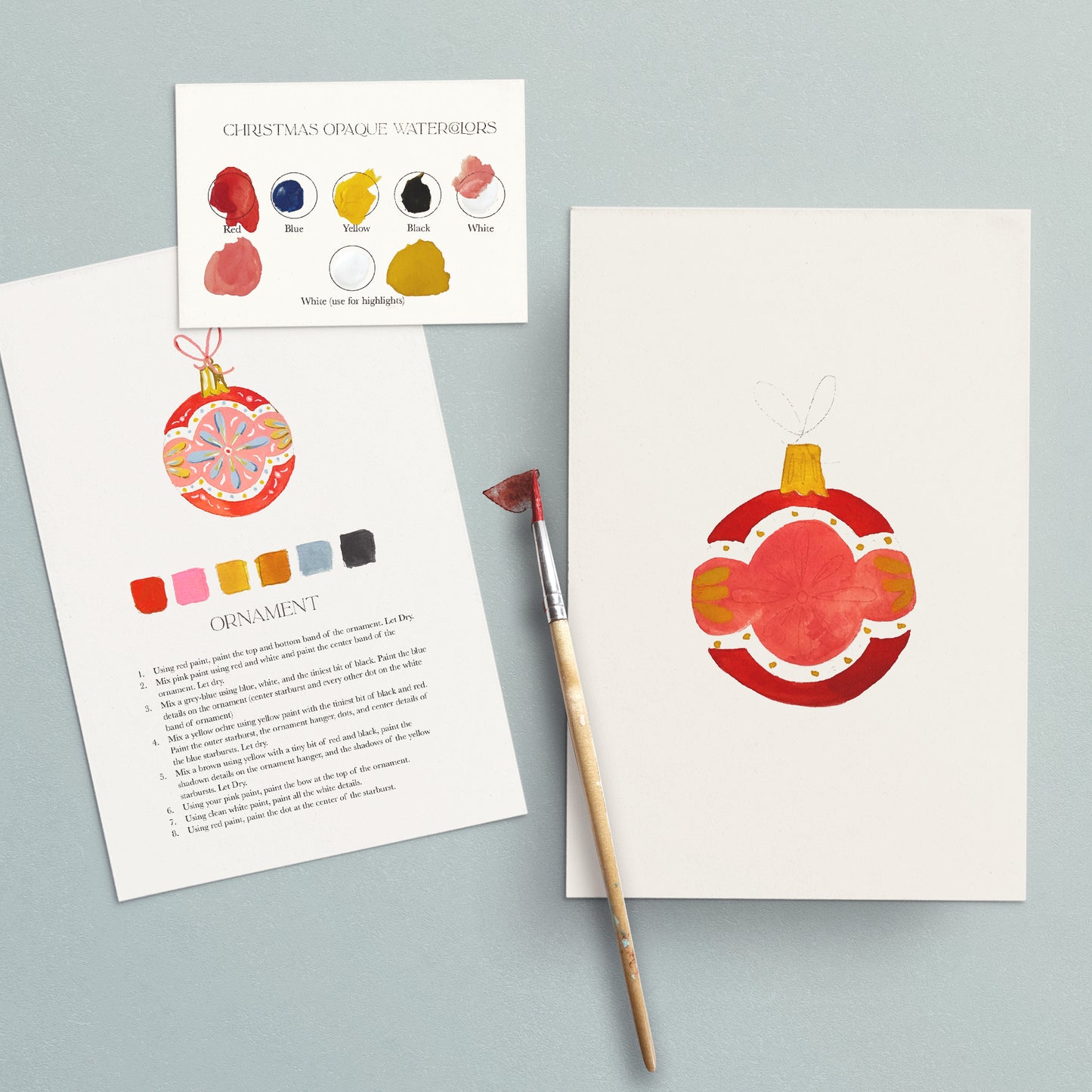 Color swatches, painting guide, and watercolor ornament on a gray background
