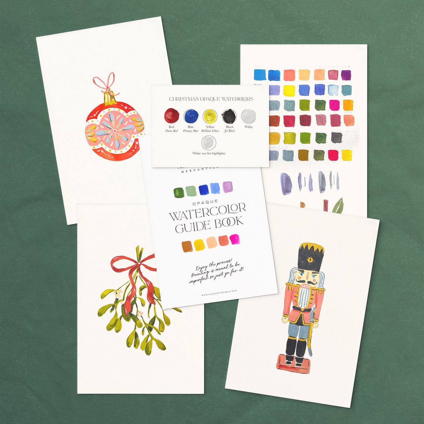 Set of watercolor guide book and color swatch sheets on a green background