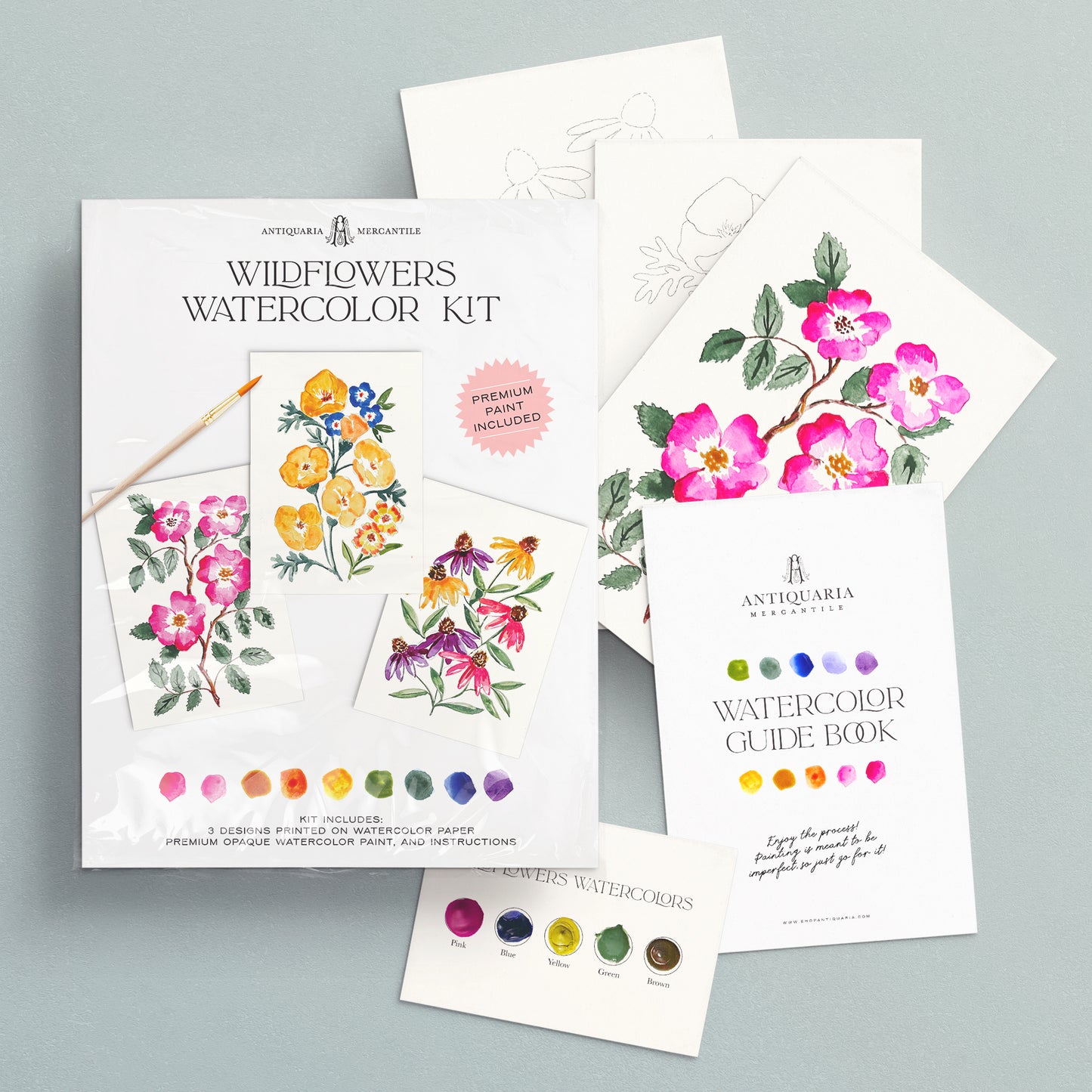 Wildflowers watercolor kit with watercolor paper, guide book, and color swatches on a gray background
