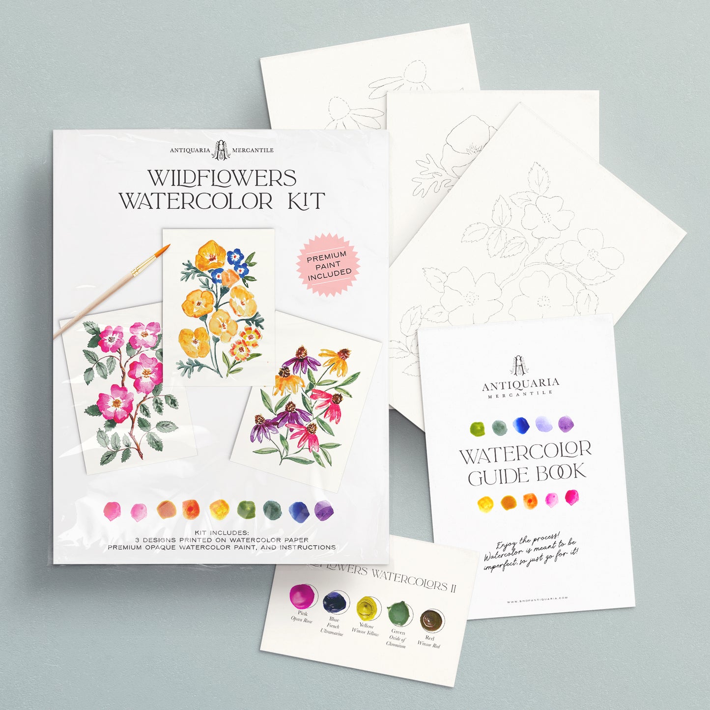 Wildflowers watercolor kit with watercolor paper, guide book, and color swatches on a gray background