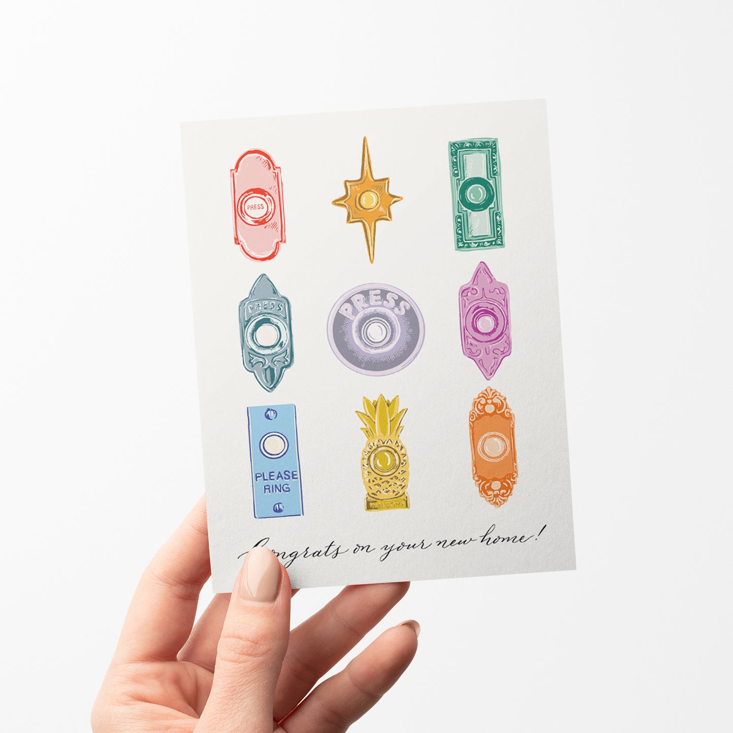 Doorbells Housewarming card with vibrant doorbell illustrations, a unique card for new homeowners
