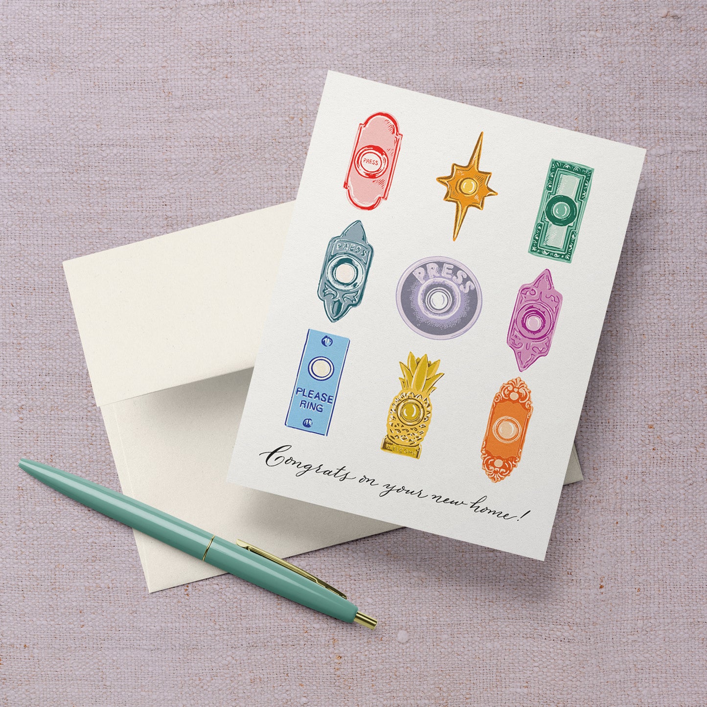 Doorbells Housewarming card with vibrant doorbell illustrations, a unique card for new homeowners
