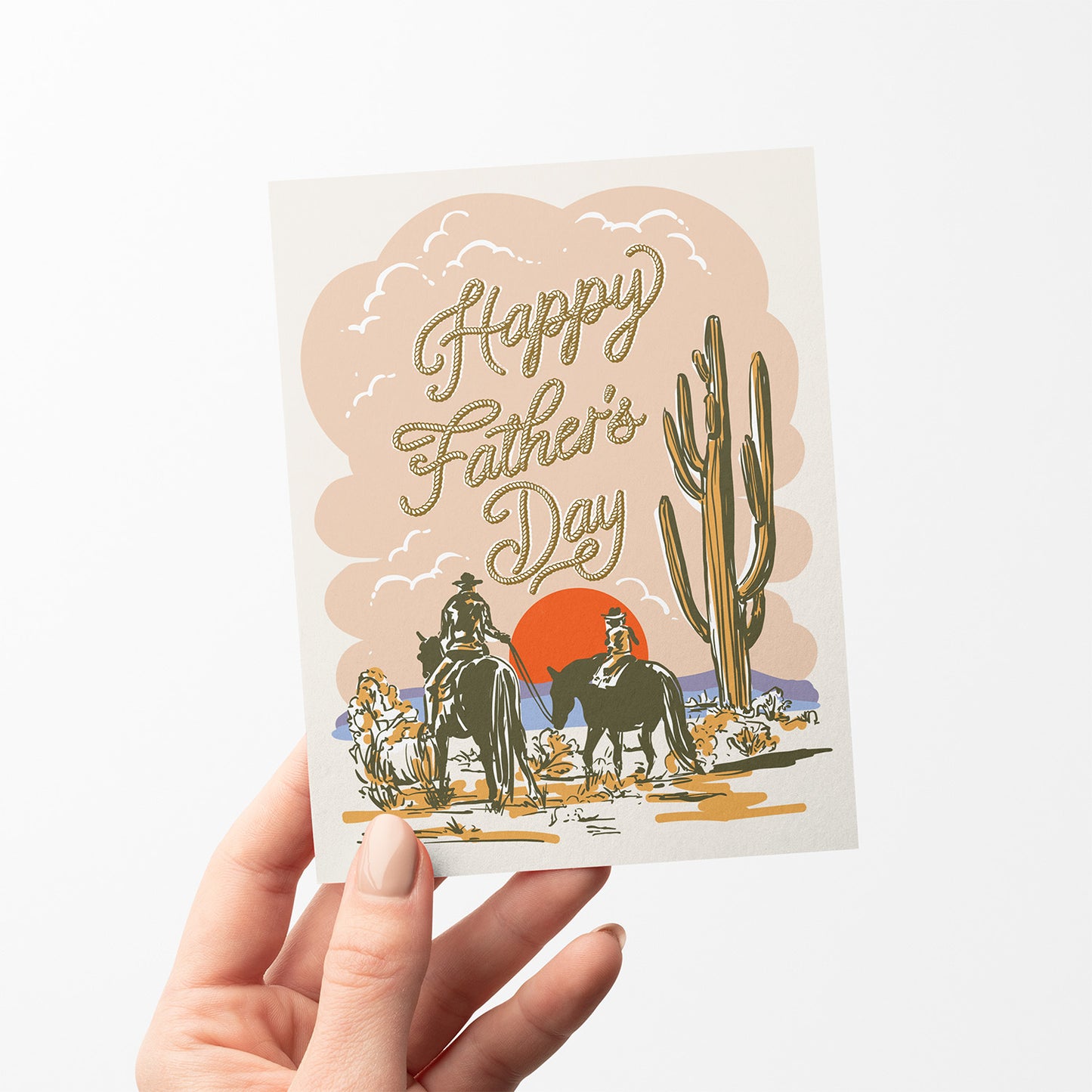 Father’s Day card with an illustration of a father and child on horses in a desert landscape.